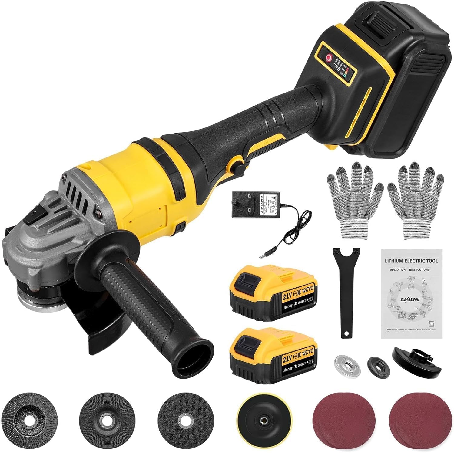 Amoladora angular a battería 125mm, 1500W Amoladora angular inalámbrica con motor sin escobillas, 4 velocidades, 30000 rpm, Mango antivibraciones, con 2x 3000mAh batería para corte y pulido