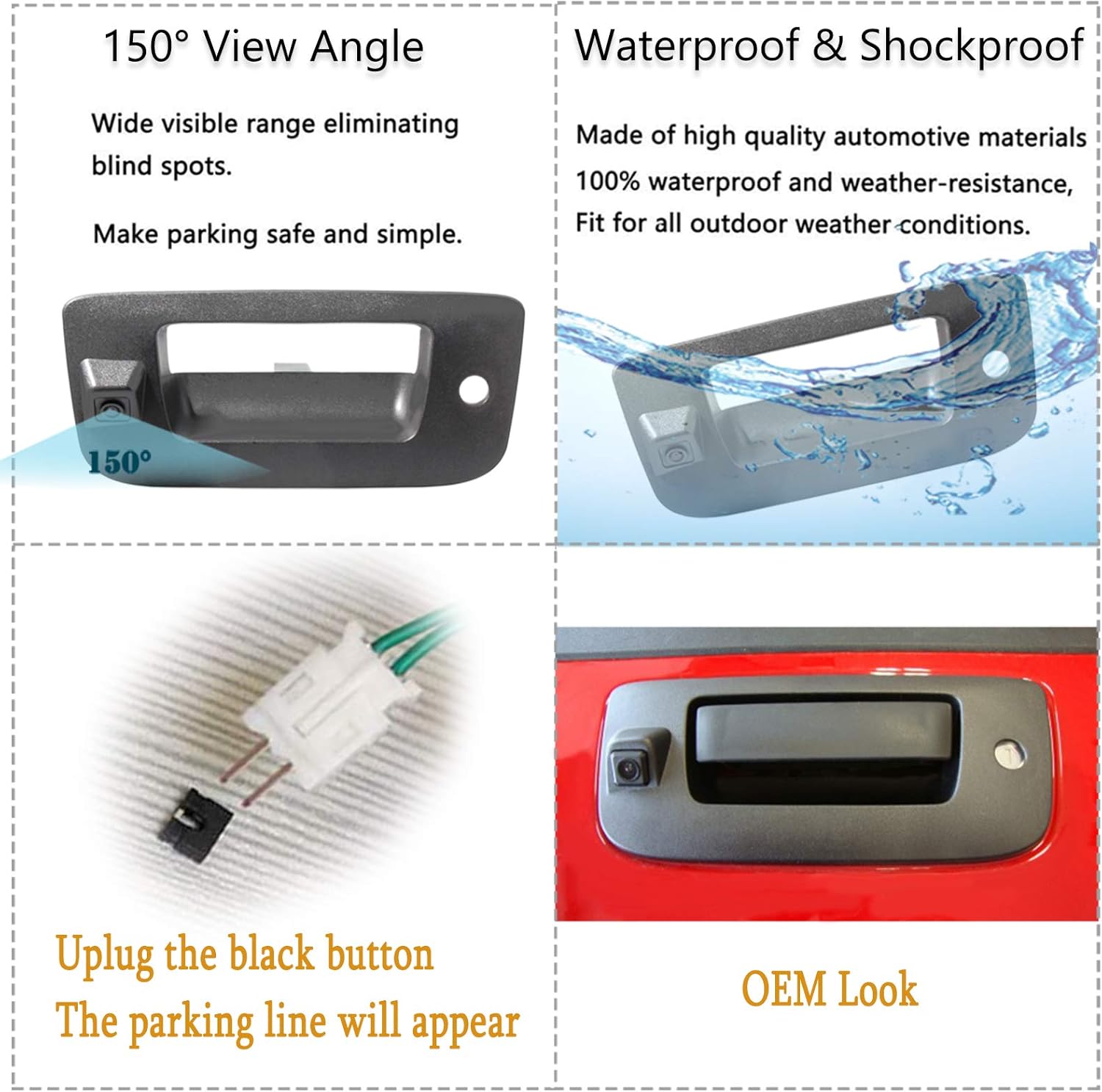 EWAY Tailgate Handle Backup Rear View Camera 7 Inch TFT LCD Monitor Kit for 2007-2014 Chevy Silverado GMC Sierra Reverse Parking Camera with Removable Guideline