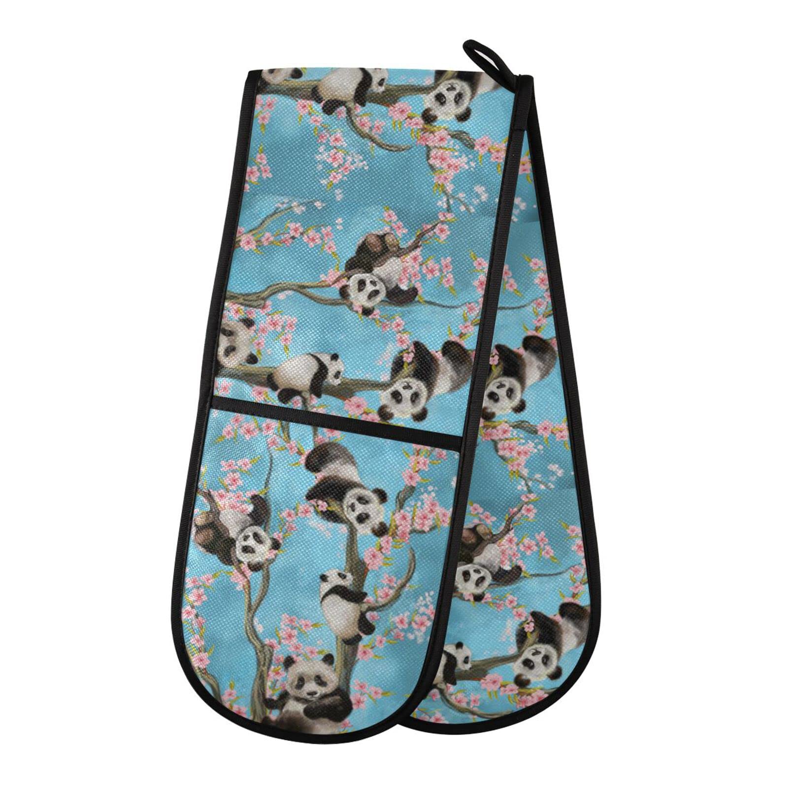 Double Oven Glove Floral Panda Heat Resistant Double Ovens Mitt Modern Cooking Gloves Potholders