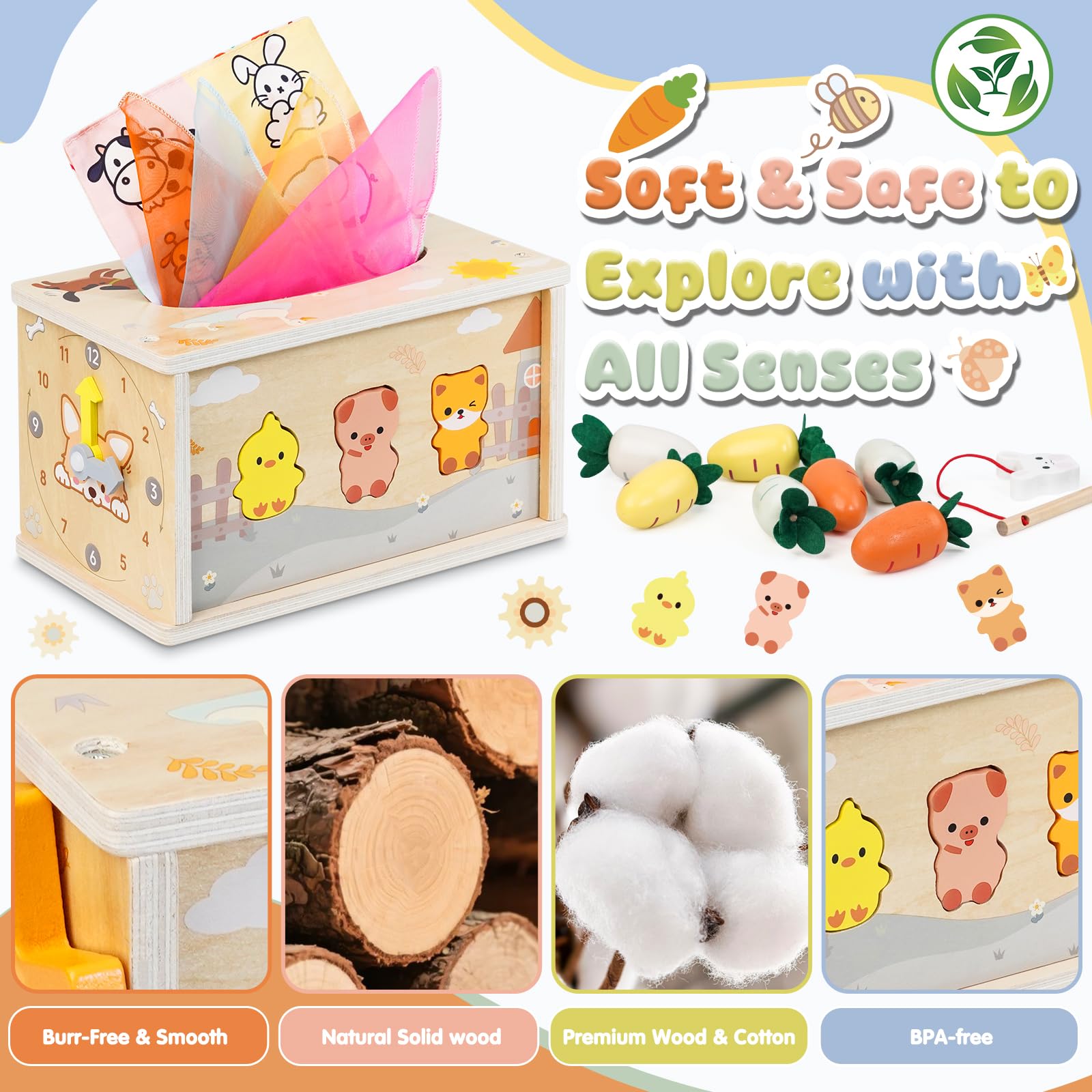 Montessori Spielzeug ab 1 Jahr，6-IN-1 Tücherbox Baby Spielzeug ab 6 Monate, Steckspiel Motorikspielzeug ab 1 2 Jahre, Sensorik Babyspielzeug für Kinder- Geschenk 1-2 Jahr Junge Mädchen