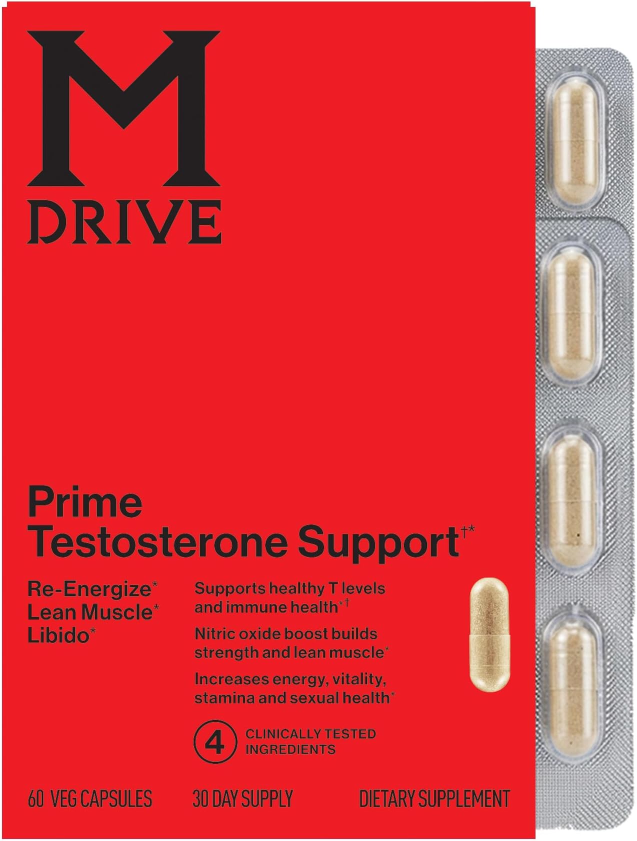 Mdrive Prime Men's T‑Support — Energy, Focus & Lean Muscle, 60ct | KSM-66 Ashwagandha; S7 Nitric Oxide Booster; DHEA Blend; Bioperine for Absorption; Stimulant-free; 30-Day Supply