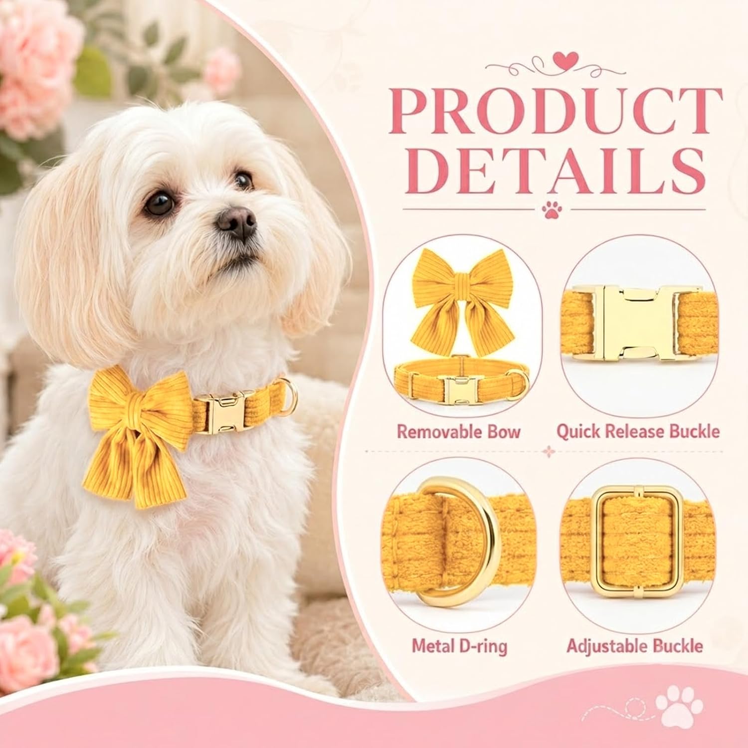 Dog Collar and Leash Set with Bowtie, Soft & Cute Puppy Collar, Cotton Puppy Collar with Adjustable Metal Buckle for Small, Medium Dog (Yellow, Size M: Neck 13"-22") image 4