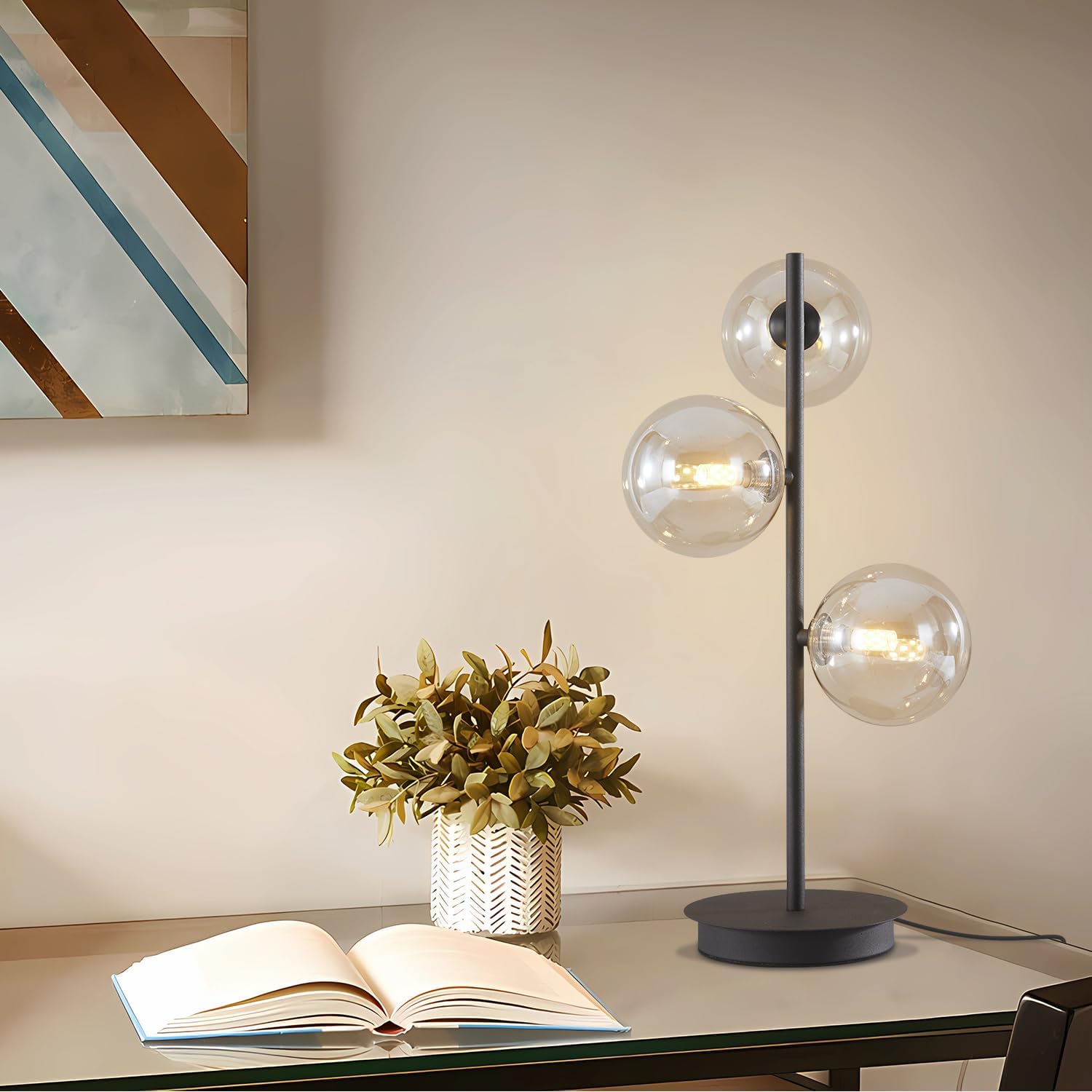 Modern Globe Table Lamp, Mid Century 3 Lights Black Bedside Lamp, Brown Glass Globe Reading Lamp for Bedroom Living Room Study Room