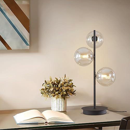 Miniatura 4 de Lámpara de mesa de globo de mediados de siglo, moderna de 3 luces, lámpara de escritorio dorada, lámpara de lectura contemporánea de globo de vidrio