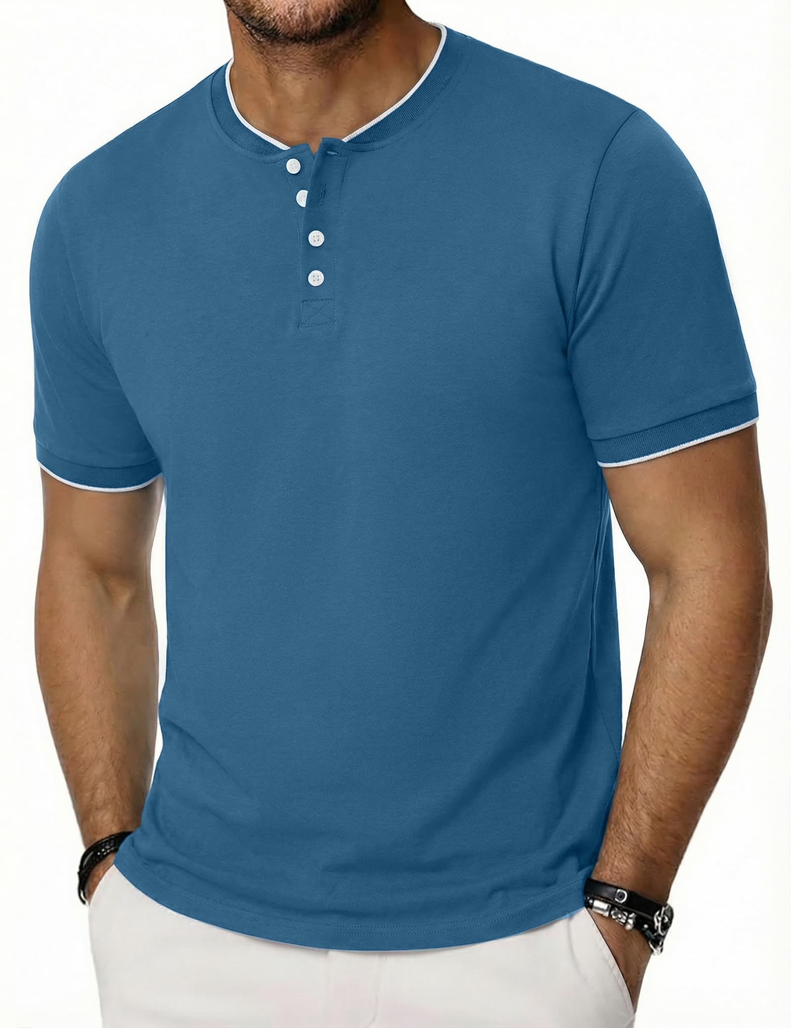 iClosam Henley T-Shirt Herren Kurzarm Baumwolle Sommer Tshirt mit Knopfleiste, Gerippt Kontrastkragen für Freizeit Business Alltag, S-3XL