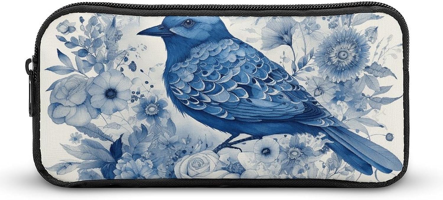 Bluebird Flowers Pencil Case Large Capacity Pencil Pouch
