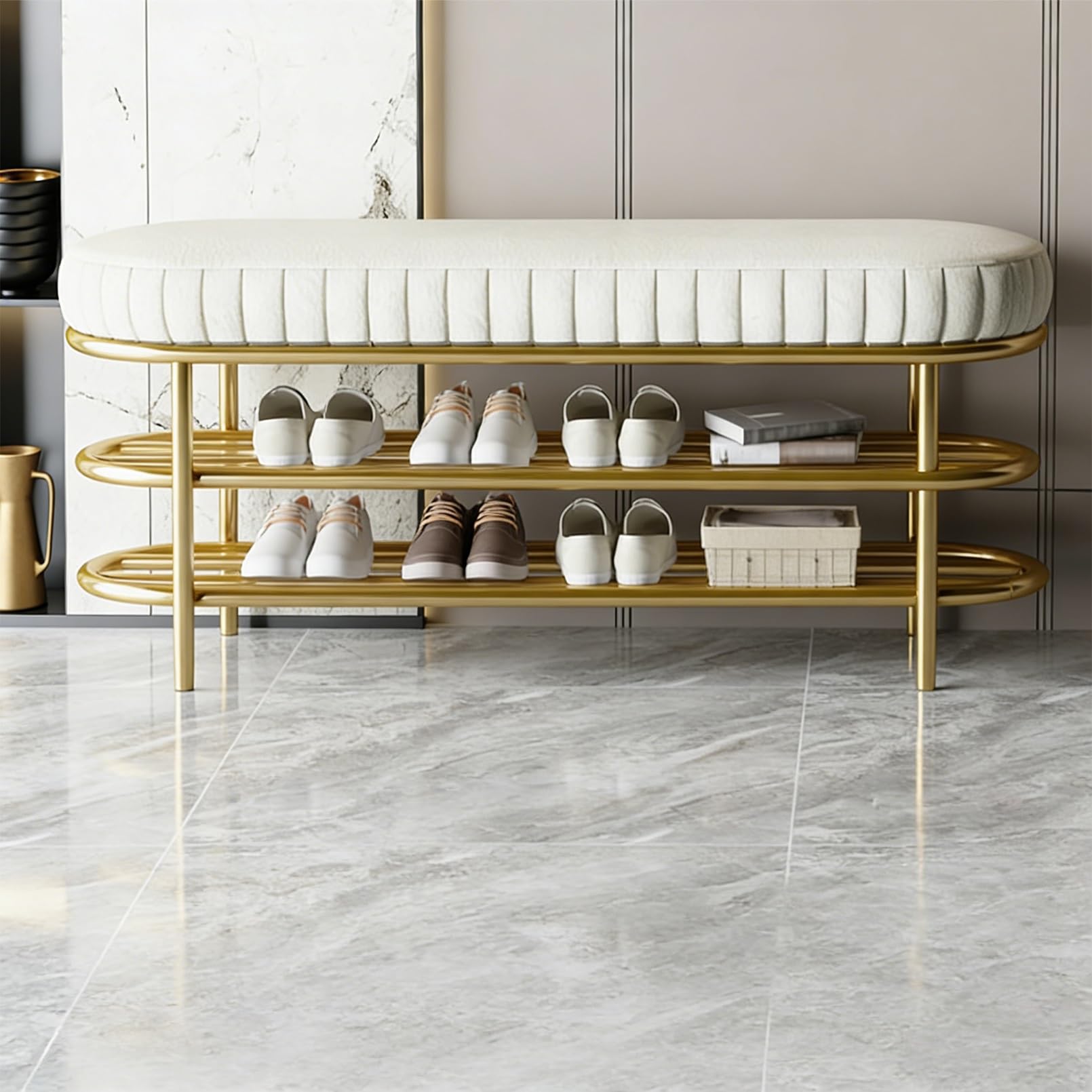 Banc à chaussures blanc 100 cm avec coussin gris et étagère de rangement