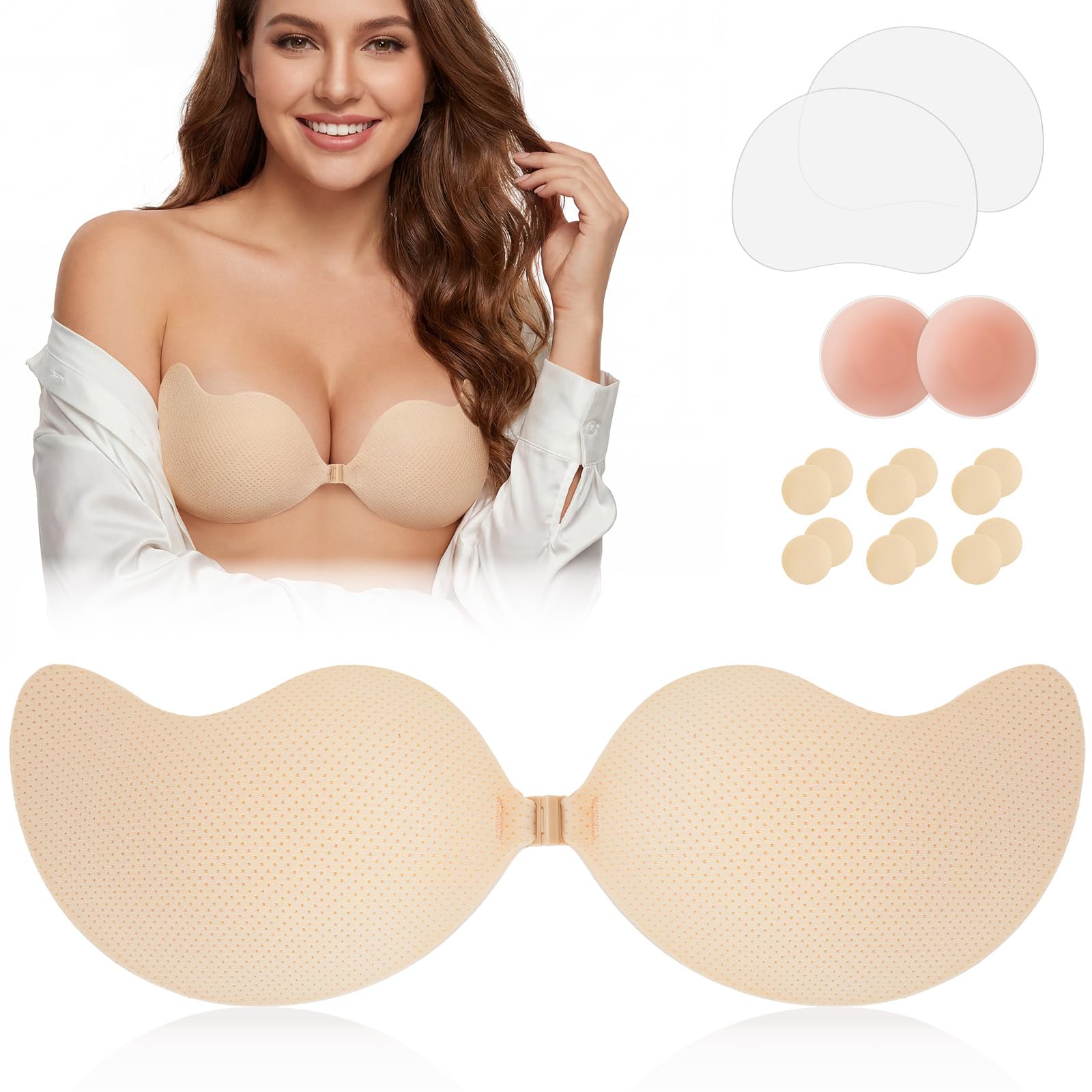 Pipoobear Klebe BH Push Up, Sticky Bra mit Nippelpads &Aufklebern für Damen | Wiederverwendbarer Klebe Push Up BH, unsichtbarer BH, starker Halt, für große & kleine Brüste, rückenfreies Kleid &Brautkleid