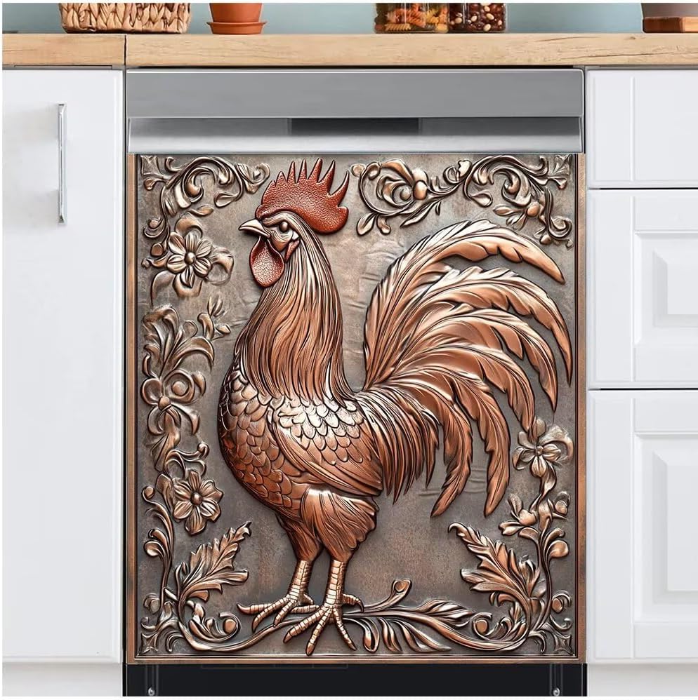 Copper Relief Rooster Dishwasher Magnet Cover 23x26in, 3D Rooster Pattern Magnetic Door Covers for Kitchen Dish Washer Fridge Panel Sticker, Farm Animal Reusable Machine Door Lid Decal, Large