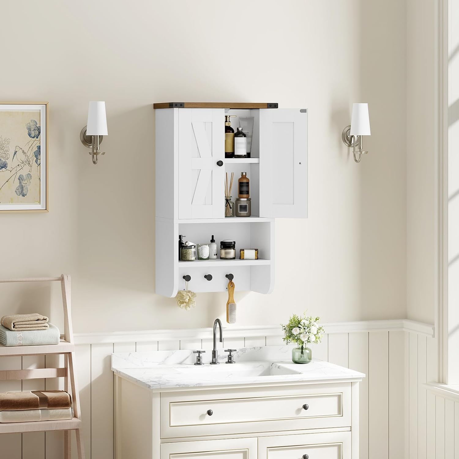 MAHANCRIS Bathroom Wall Cabinet, Farmhouse Medicine Cabinet with Adjustable Shelf, 3-Tier Wall-Mounted Storage Cabinet with 3 Hooks and Open Shelf, for Bathroom, Living Room, Kitchen, White and Walnut