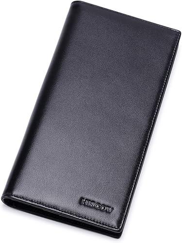 Cartera larga de piel delgada para hombres y mujeres piel de becerro italiana bolsillo para chequera tarjetas de crédito Piel de becerro negra L