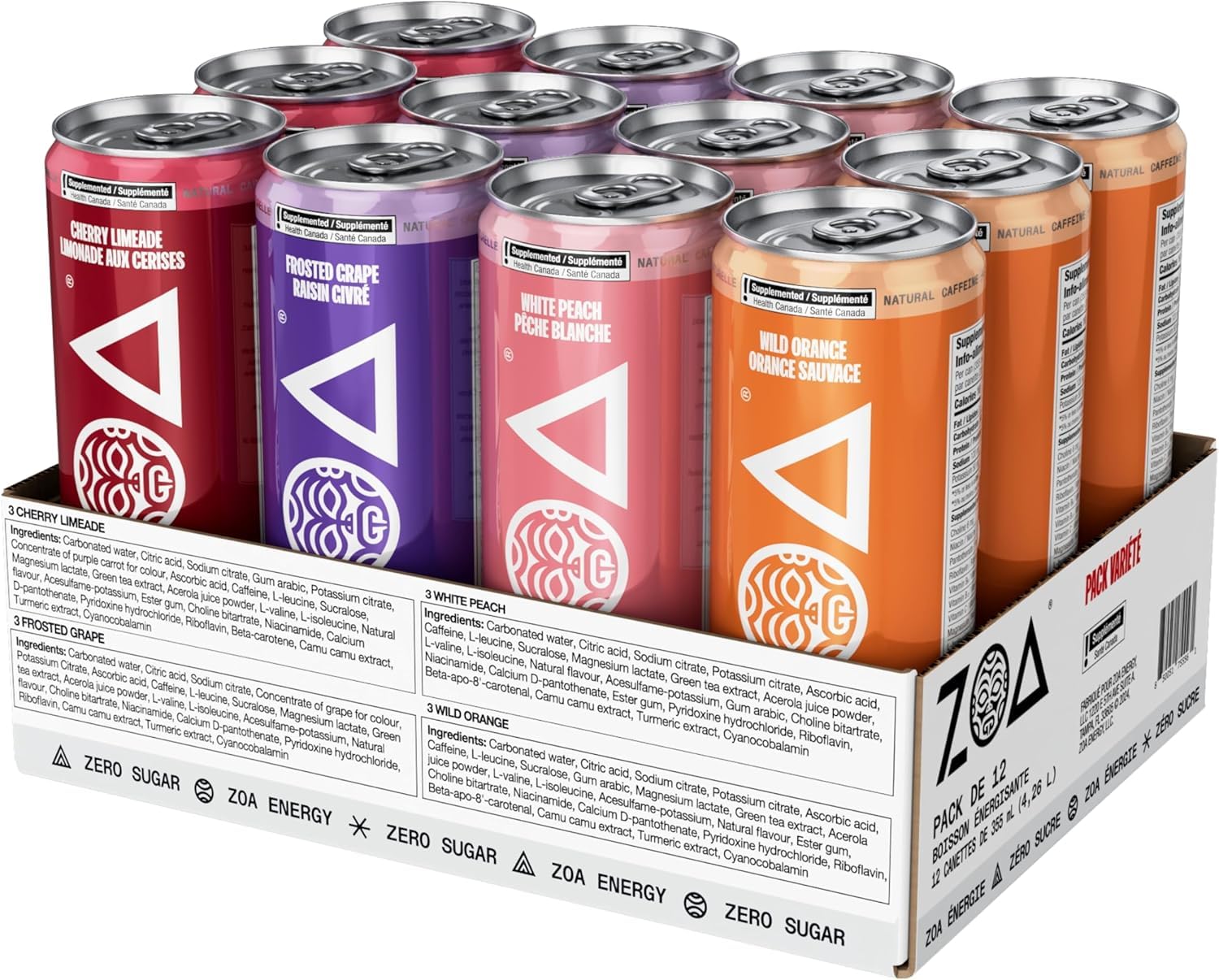 ZOA Sugar Free Energy Drinks, Variety Pack - 355ml (Pack of 12