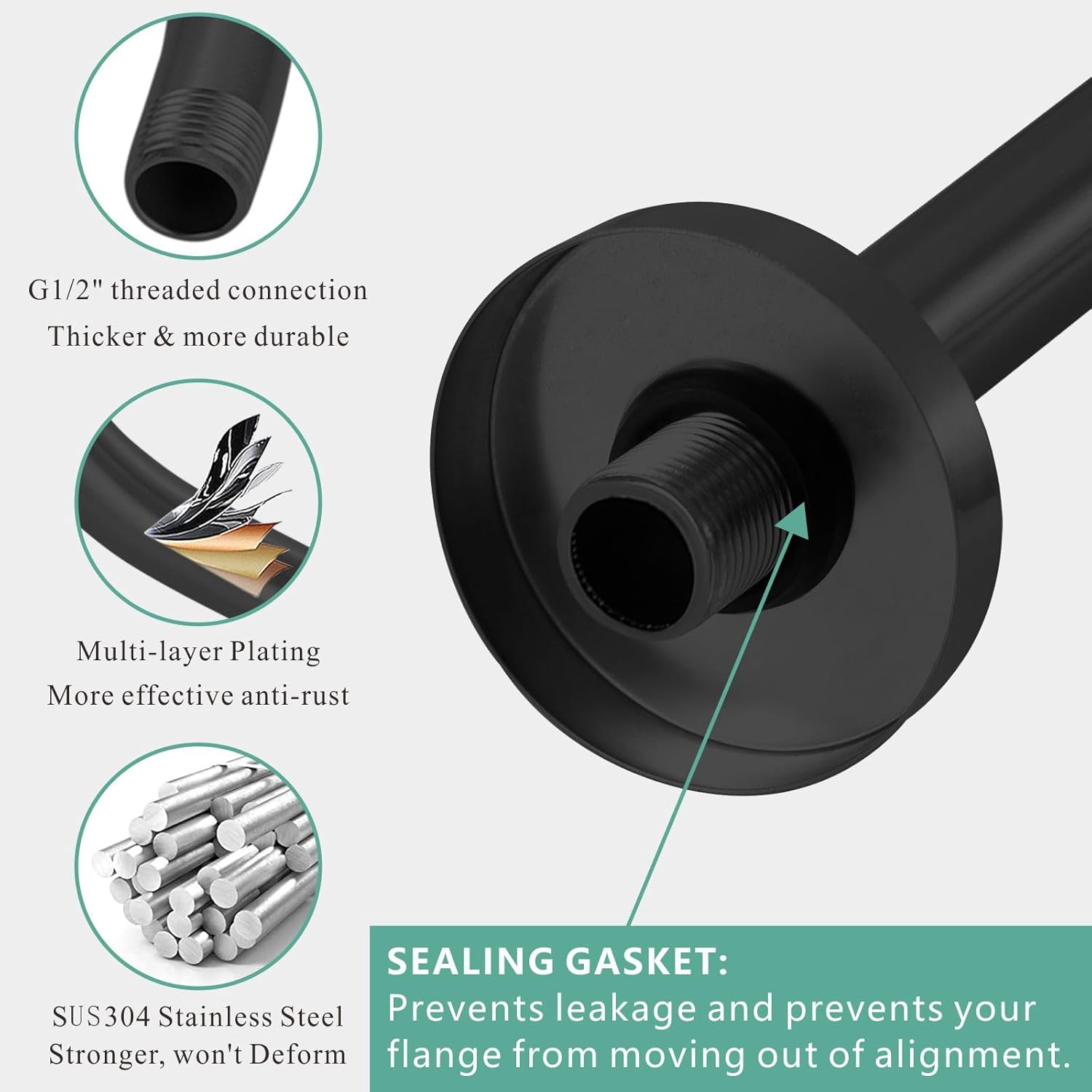 Voolan Shower Arm with Flange, Ceiling Mounted Fixed Shower Pipe, Bathroom Straight Rain Shower Replacement Arm, Universal Connection 1/2 NPT (16 Inch, Matte Black)