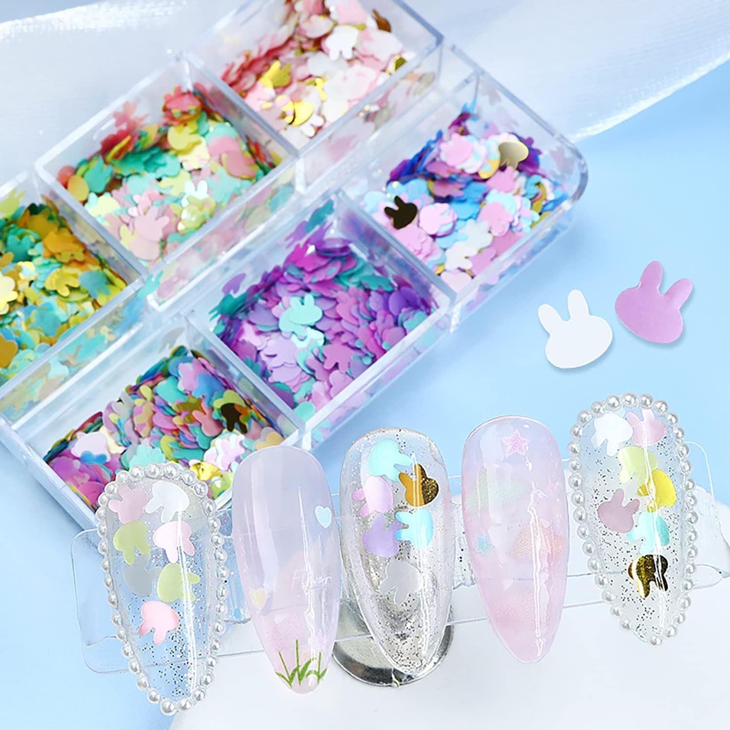 6 Grids Holographic Easter Nail Art Glitters Bunny Nail Art Supplies Sequins 3D Cute Easter Nails Glitter Flakes Colorful Acrylic Nail Confetti Nail Art Decoration Sparkles for Manicure Tips