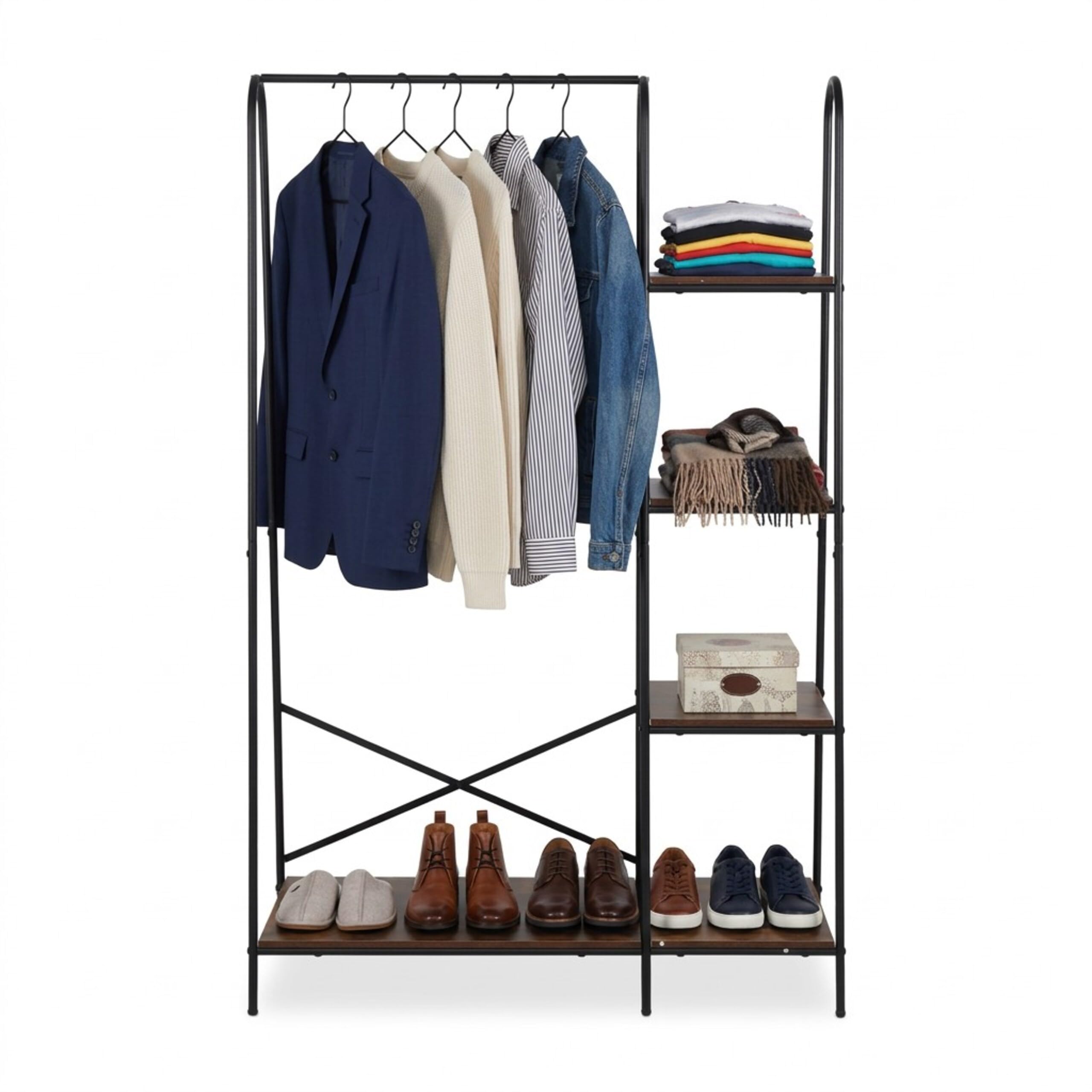 Relaxdays Industrial Coat Rack with 5 Shelves & Clothes Rail, 160x100x40cm, Brown-Black