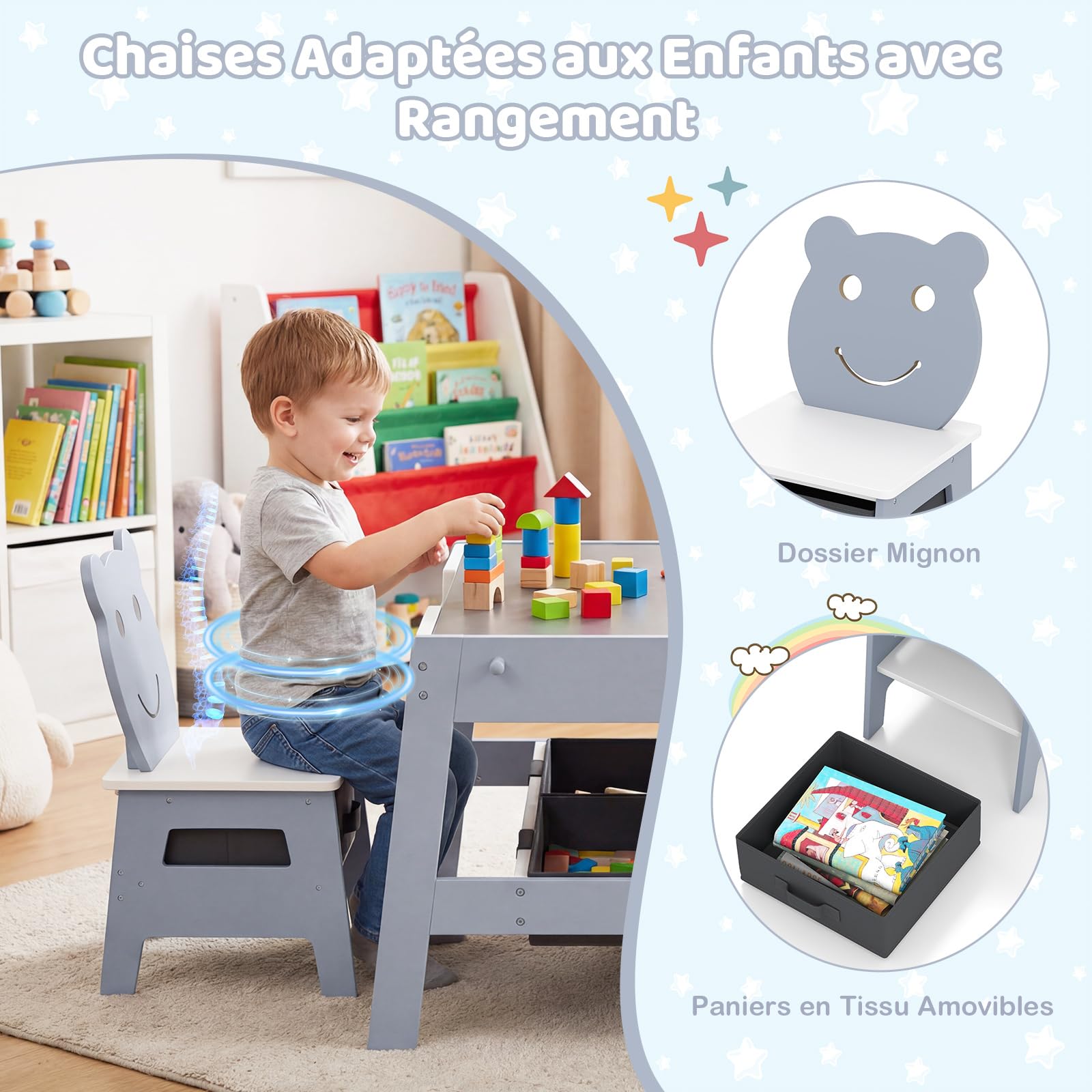LIFEZEAL Mesa infantil 5 en 1 con 2 sillas, mesa de pintura, mesa de actividades, mesa de mesa y mesa de juegos con compartimento de almacenamiento, silla infantil con cajas, juego de asientos