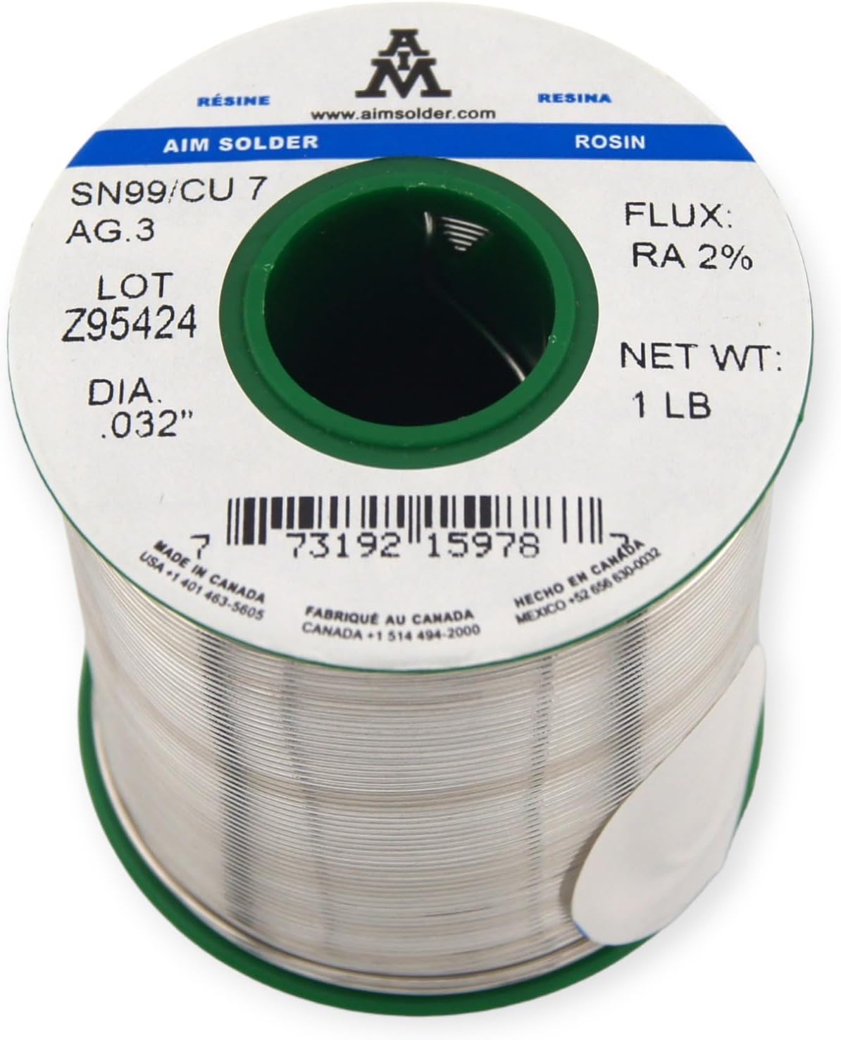 AIM Solder LeadFree Rosin Core Solder Wire Sn99 Ag0.3 Cu0.7 for Electrical Soldering 0.032inch, 1lb (0.8mm / 454g)