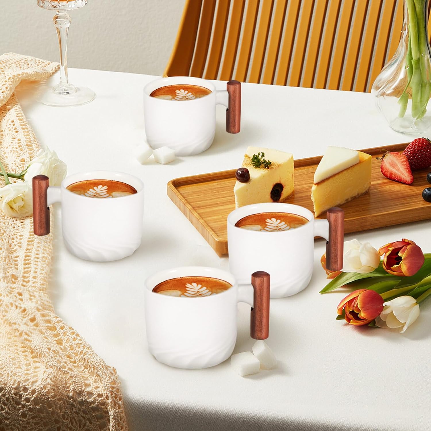 Kichvoe Porcelain Espresso Cups with Wooden Handle 2Oz Mini Coffee Mugs Set of 4 Small Ceramic Demitasse Cups for Tea and Hot Drinks Microwave and Dishwasher Safe
