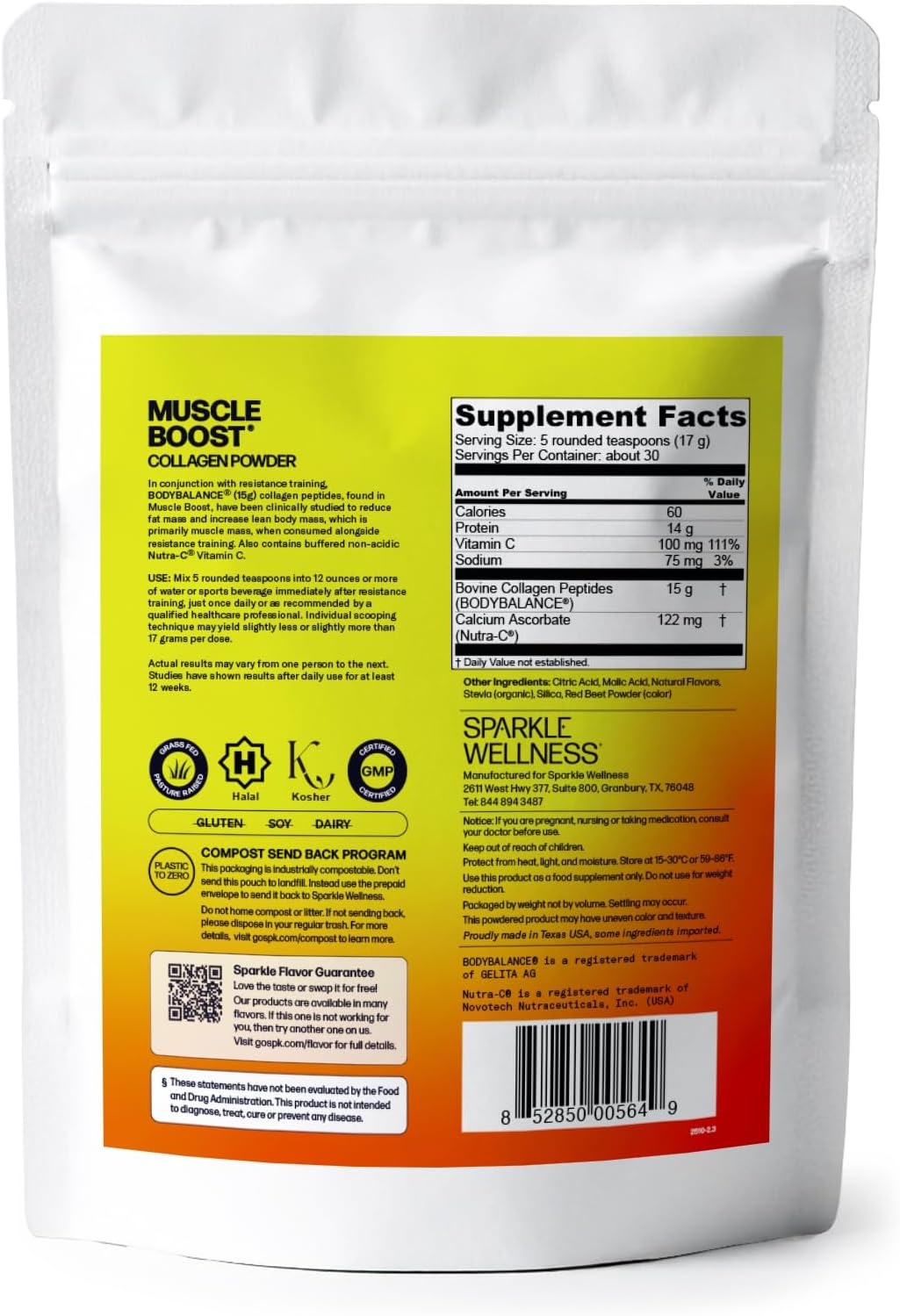 Sparkle Wellness BODYBALANCE Bioactive Collagen Peptides | Collagen Powder Supplement with Hydrolyzed Collagen Peptides & Buffered Vitamin C | Muscle Boost (Mixed Berry) [30-Serves]