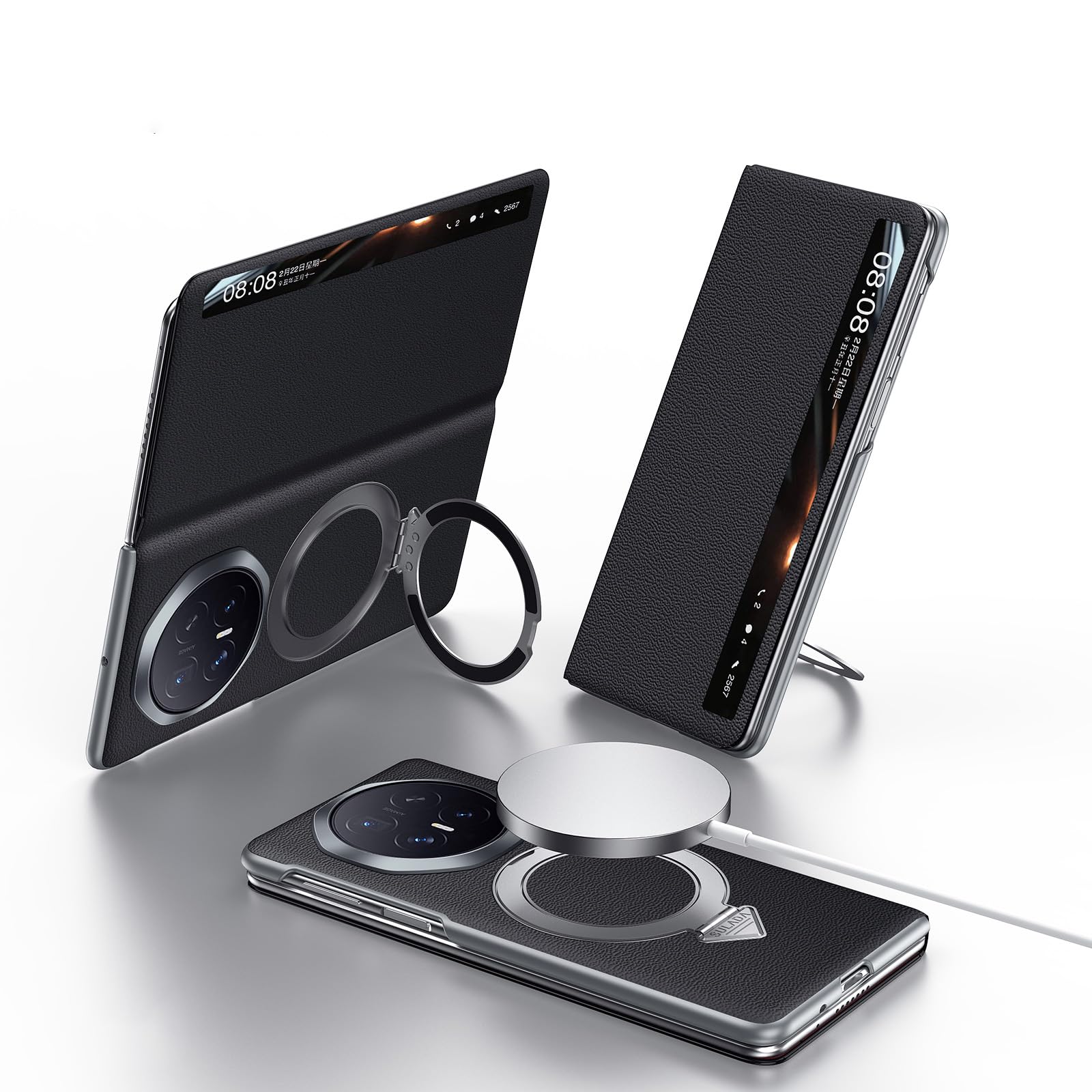Etui do Honor Magic V6, magnetyczne etui na telefon komórkowy z klapką ze stojakiem i systemem Smart Windows, kompatybilne z Honor Magic V6, czarne