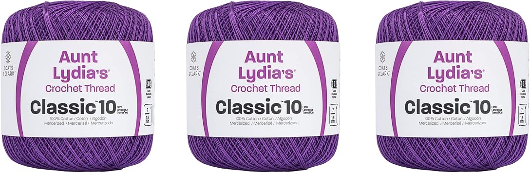 Aunt Lydia Classic Purple Crochet - 3 Pack of 350y/320m - Cotton - Gauge 10 - Crochet