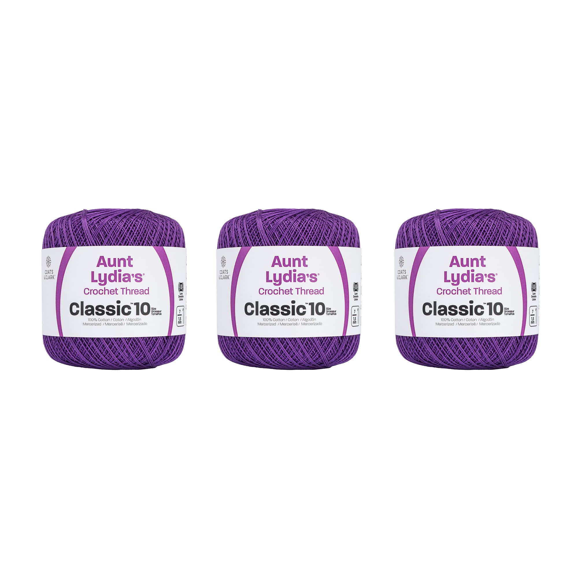 Aunt Lydia Classic Purple Crochet - 3 Pack of 350y/320m - Cotton - Gauge 10 - Crochet, 10 cm x 10 cm