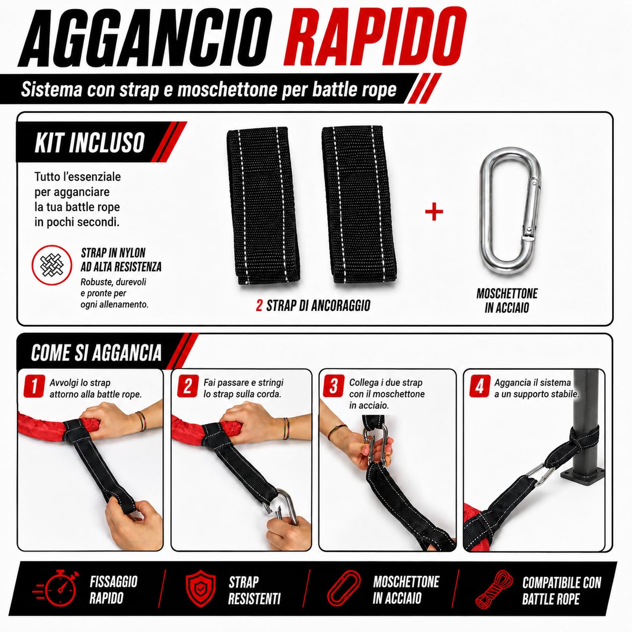 Adrenaline Battle Rope 12 m, 38 mm, 9,5 kg, con Rivestimento in Nylon, Maniglie in Gomma, Kit di Fissaggio a Muro, Strap e Moschettone