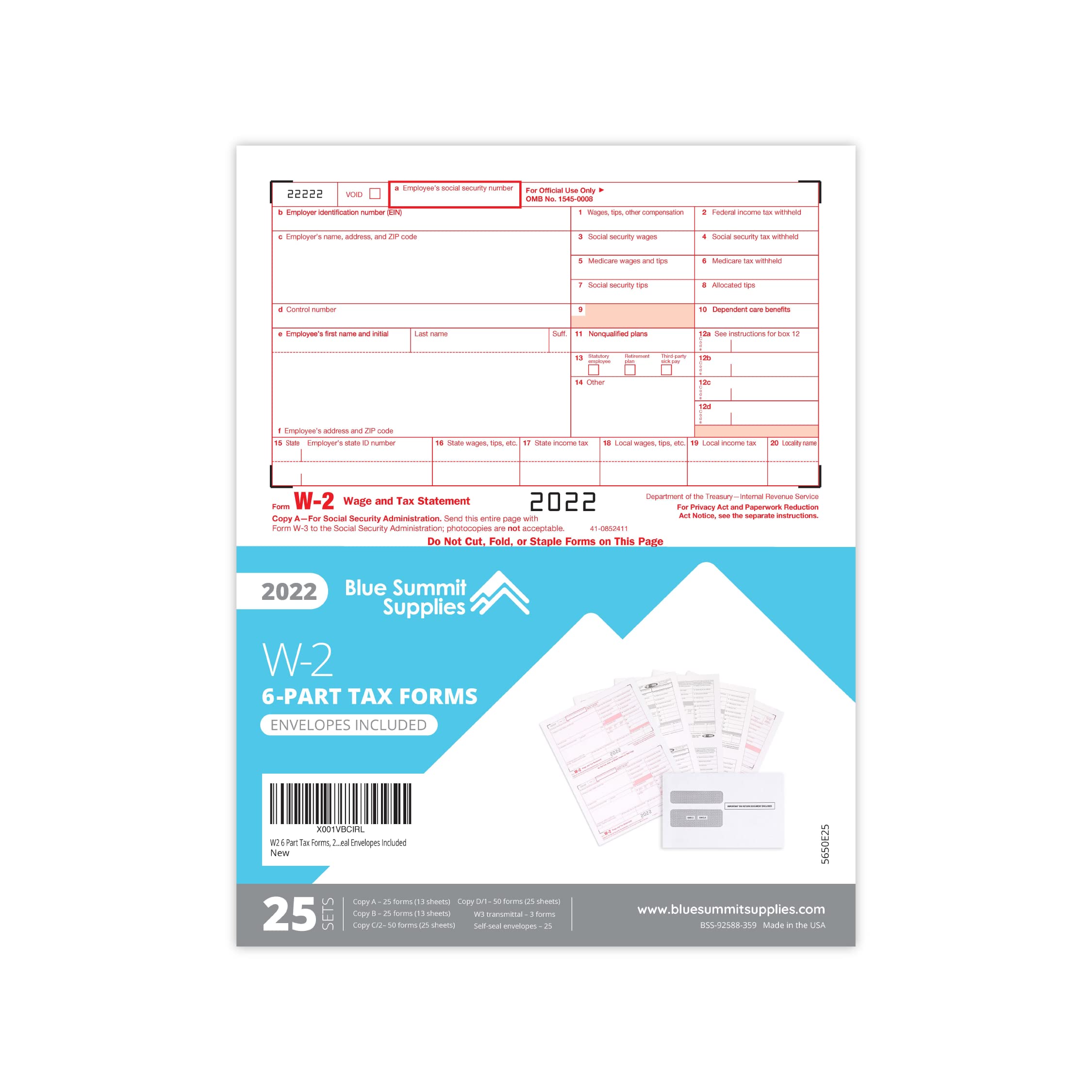 Amazon.com : W2 Forms 2022, 6 Part Tax Forms, 25 Employee Kit of Laser  Forms, Compatible with QuickBooks and Accounting Software, 25 Self Seal  Envelopes Included : Office Products