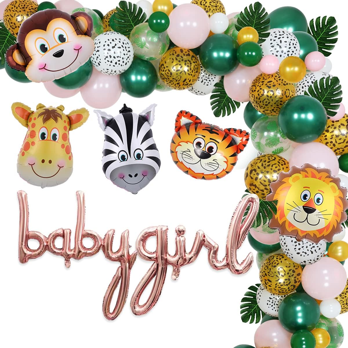 Jungle Baby Shower Decorations for Girl Pink - Jungle Safari Theme Balloon Garland Kit Baby Girl Shower Decoration Supplies with Animal Balloons Palm Leaves