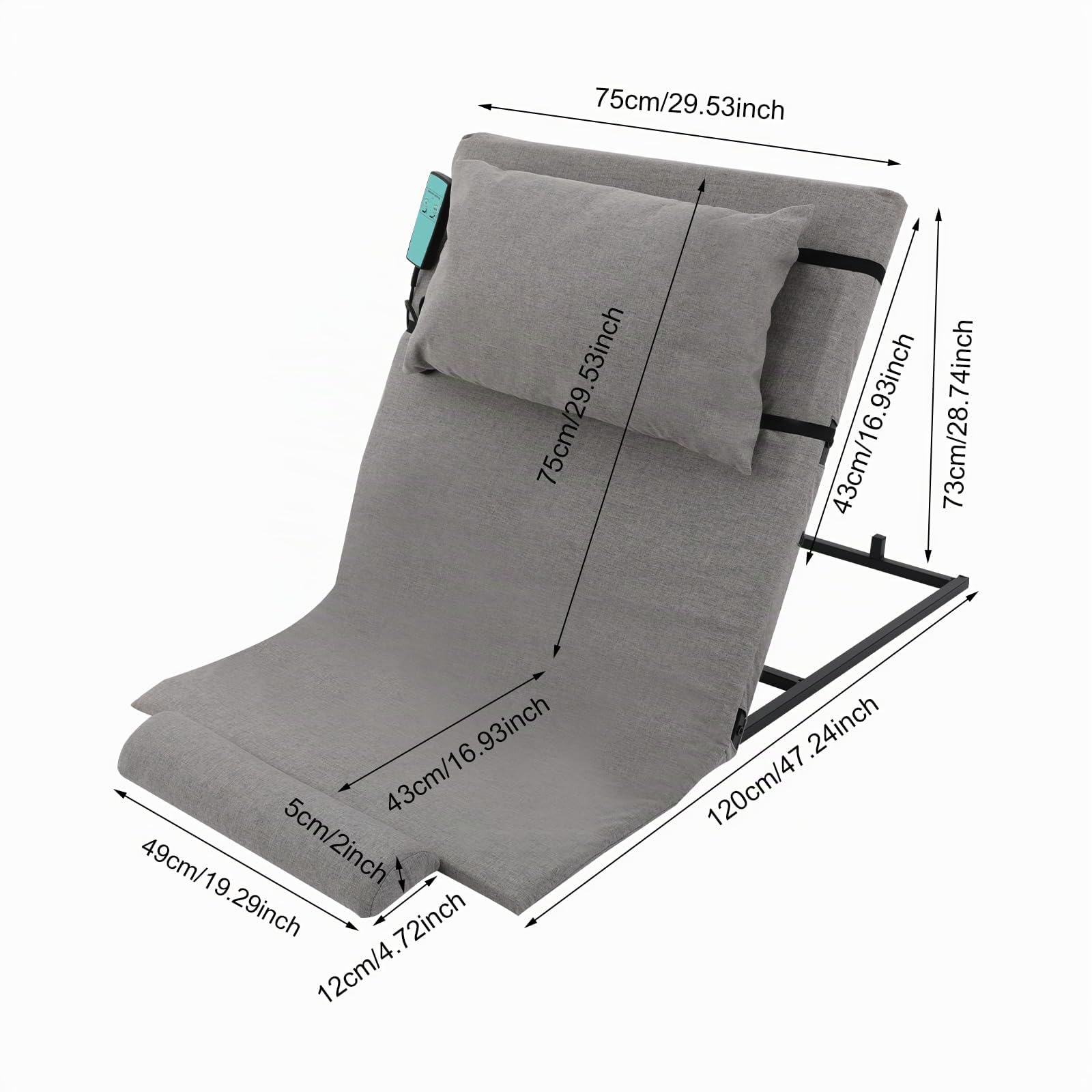 Dossier CosyLift, dossier électrique relevable, angle réglable de 2 à 80 °, avec télécommande, amovible et pliable, capacité de charge de 300 kg, 120 x 75 x 12 ~ 73 cm