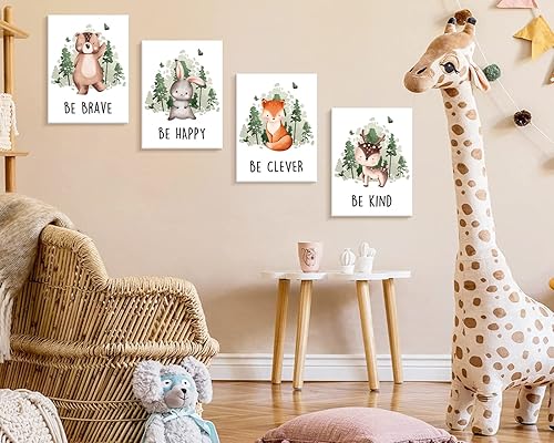 Miniatura 4 de Creoate Arte de pared para decoración de habitación de niños, 4 piezas de imágenes de animales lindos con citas inspiradoras, lienzo impreso, juego