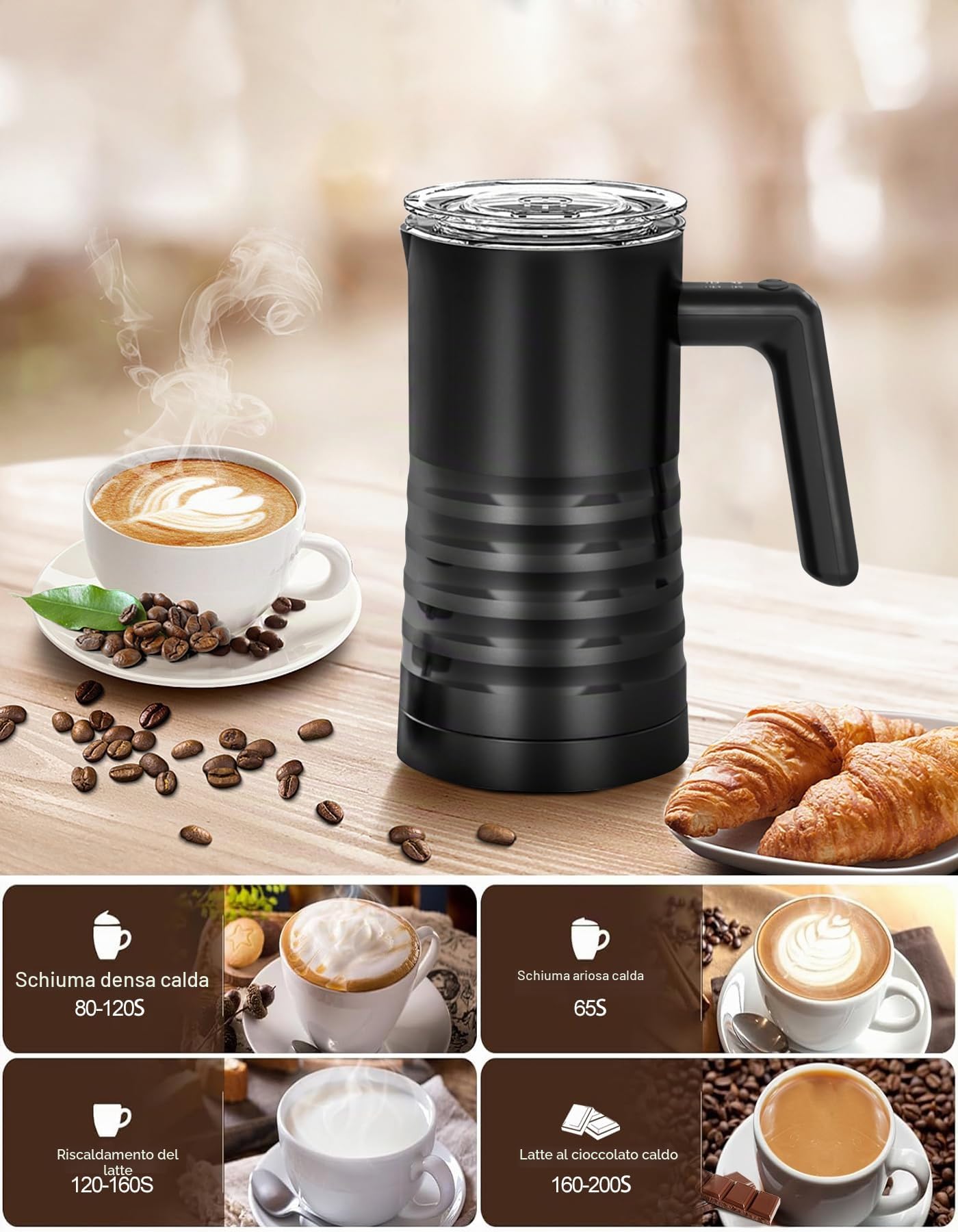 YESLUSY 4 in 1 montalatte elettrico, 580 ml, in acciaio inox, schiuma di latte caldo e freddo, scaldalatte per cioccolata calda, cappuccino, facile da pulire (nero)