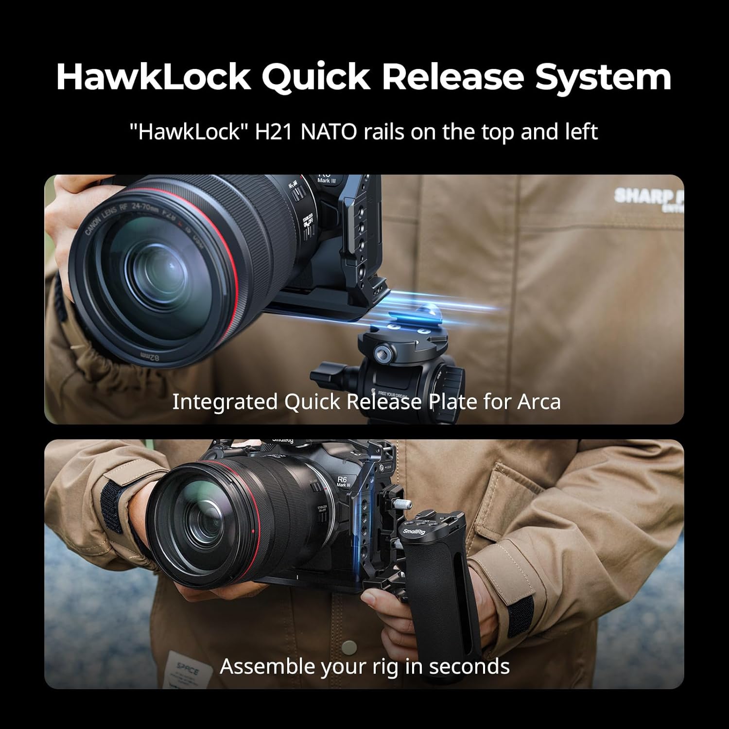 SmallRig Camera Cage Kit for Canon R6 Mark III with Top Handle and Cable Clamp, HawkLock NATO Rails, Quick Release Plate for Arca, Compatible with DJI RS 3 / RS 3 Pro/RS 4 / RS 4 Pro-5955