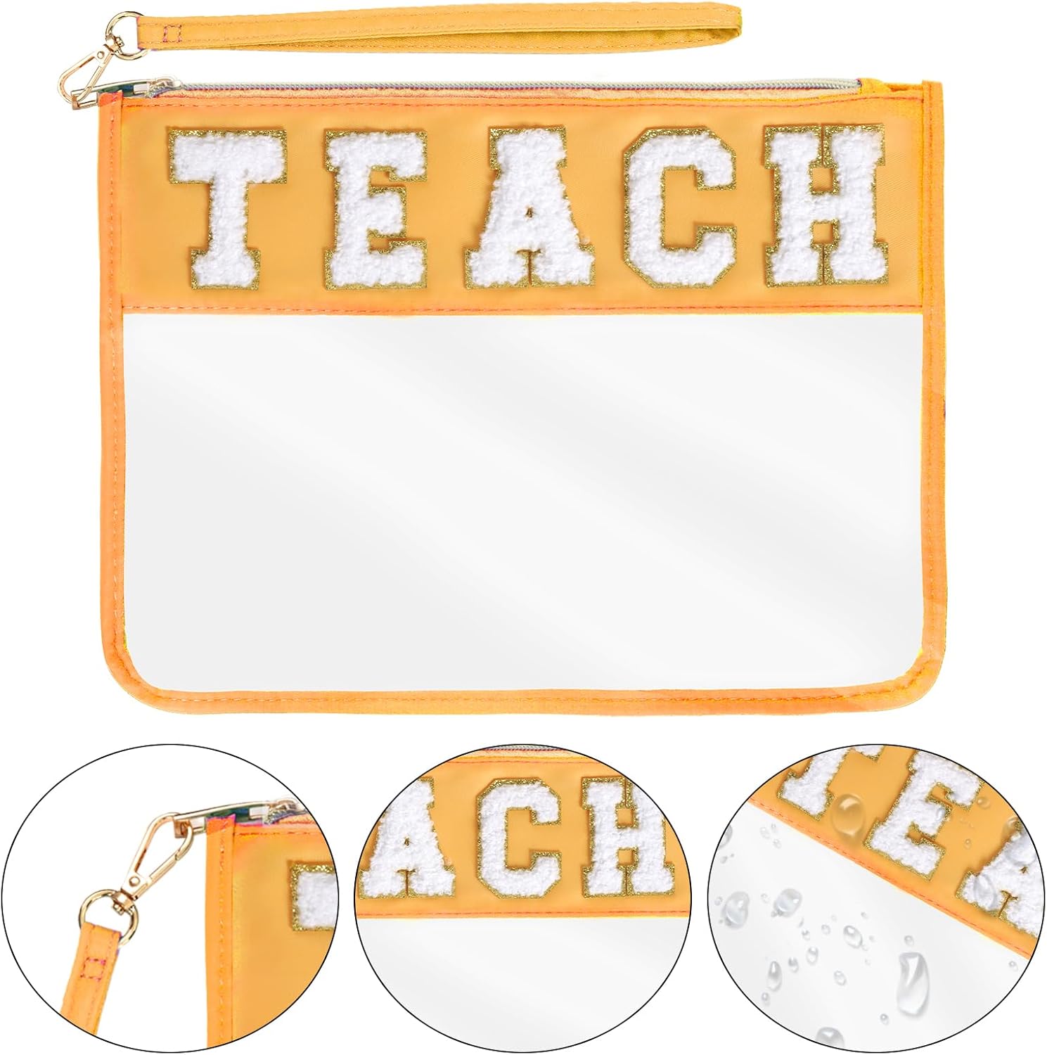 Chenille Letter Bag, Nylon Clear Cosmetic Bag with Zipper, Makeup Travel Pouch for Women Girls Gift (Yellow-TEACH) - Image 3