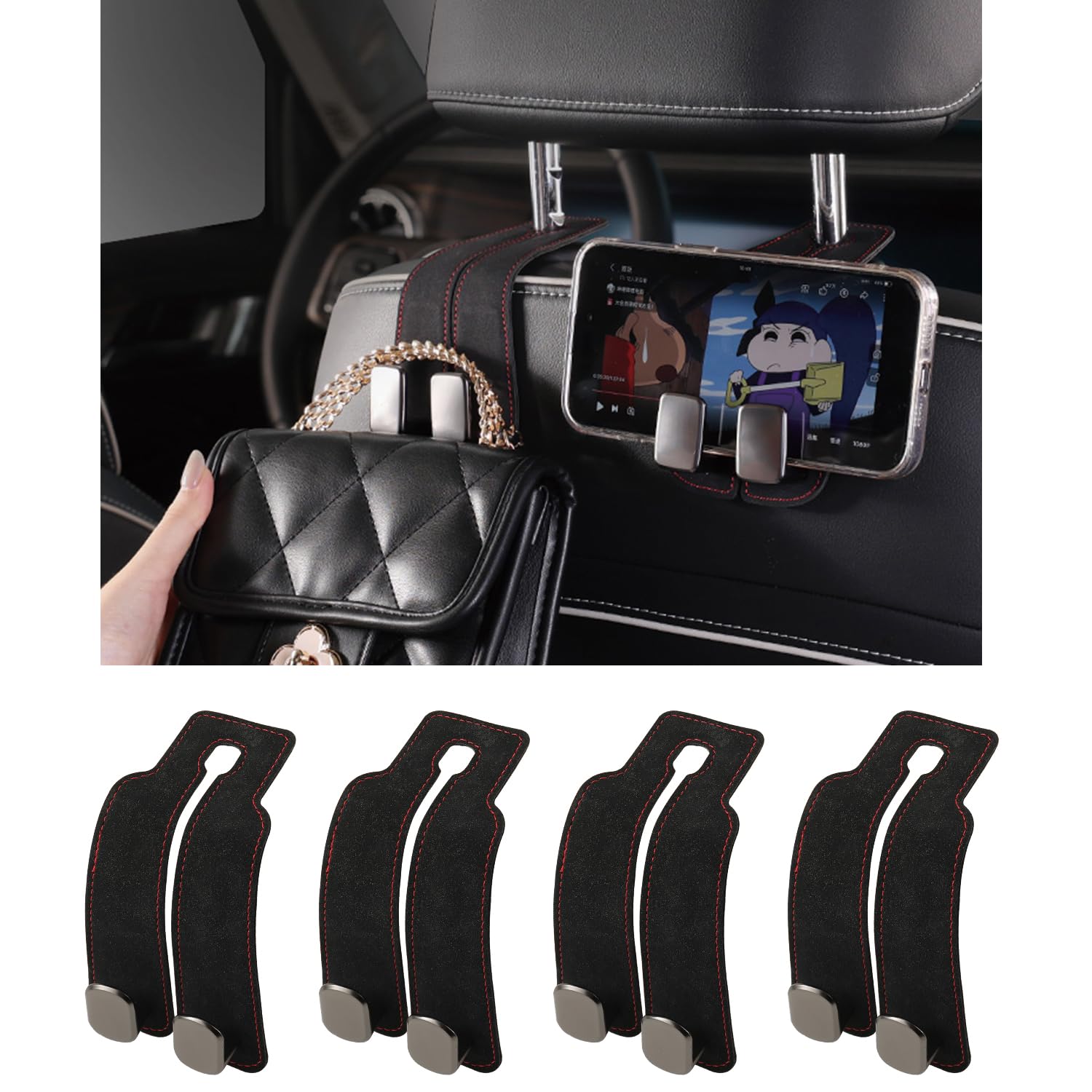 KINIVA Car Seat Headrest Storage Hooks, Set of 2, Suede PU Leather, Double Hooks (Black-4 Pack)