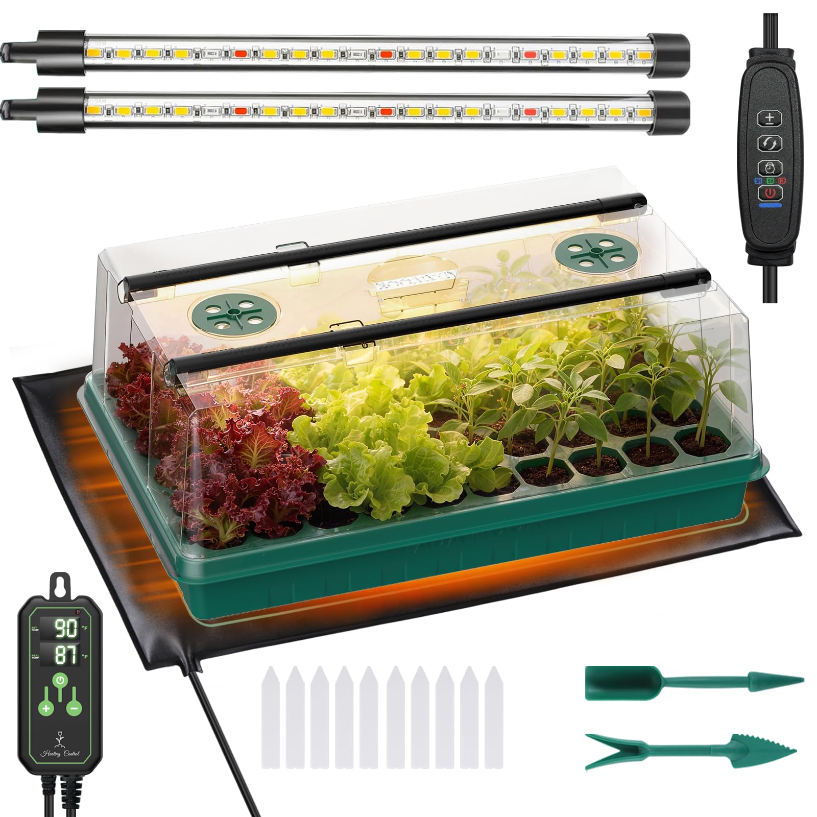 Photo 1 of Seed Starter Tray with Grow Light and Thermostat Controller Heat Mat, 10"x 20.75" Heat Mats for Plant Growing?68-113°F Adjustable?Color Change Grow Lights?Germination Trays Kits (Green, 60 Cells)