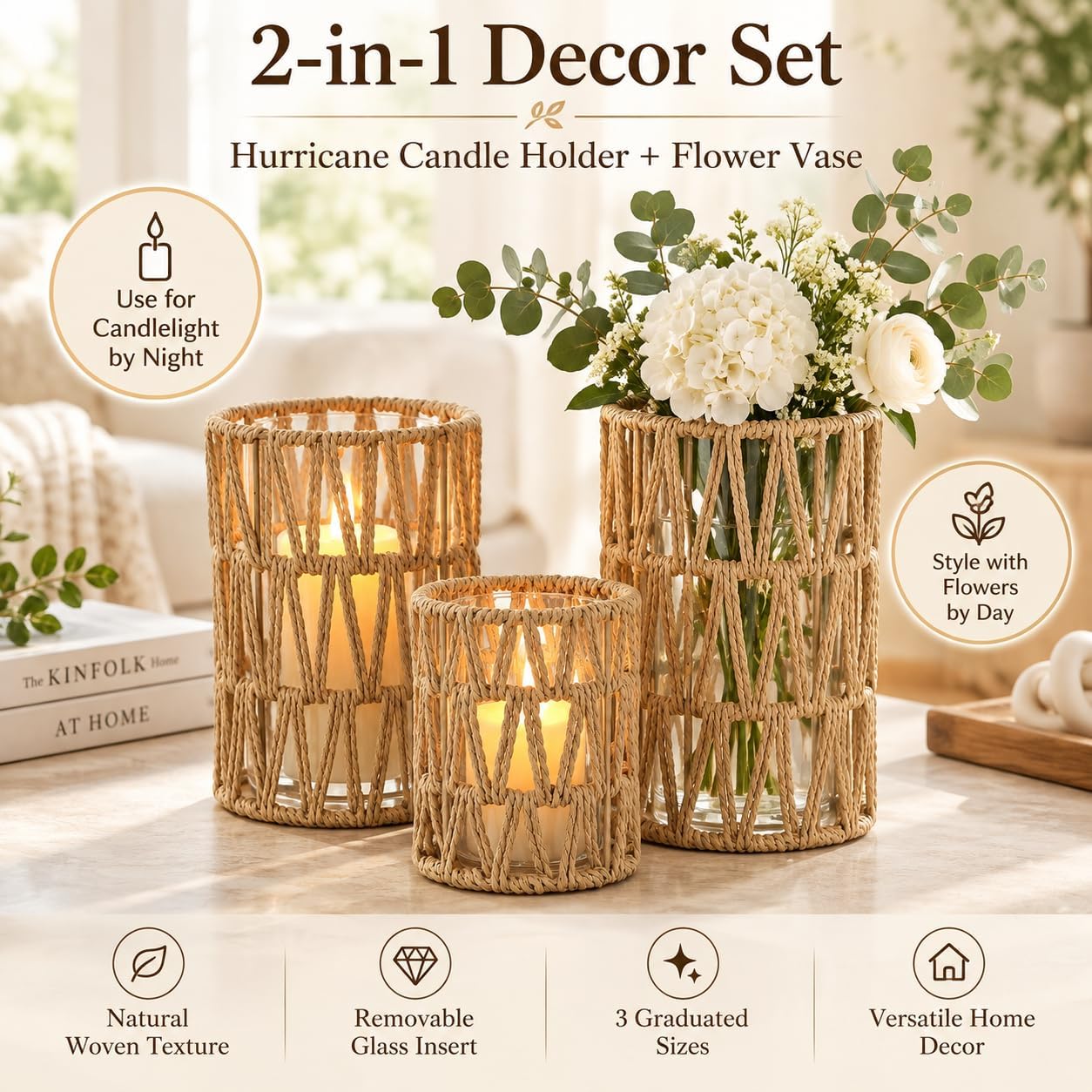 Baluue Rattan Hurricane Candle Holders Set of 3 Handwoven Boho Lanterns