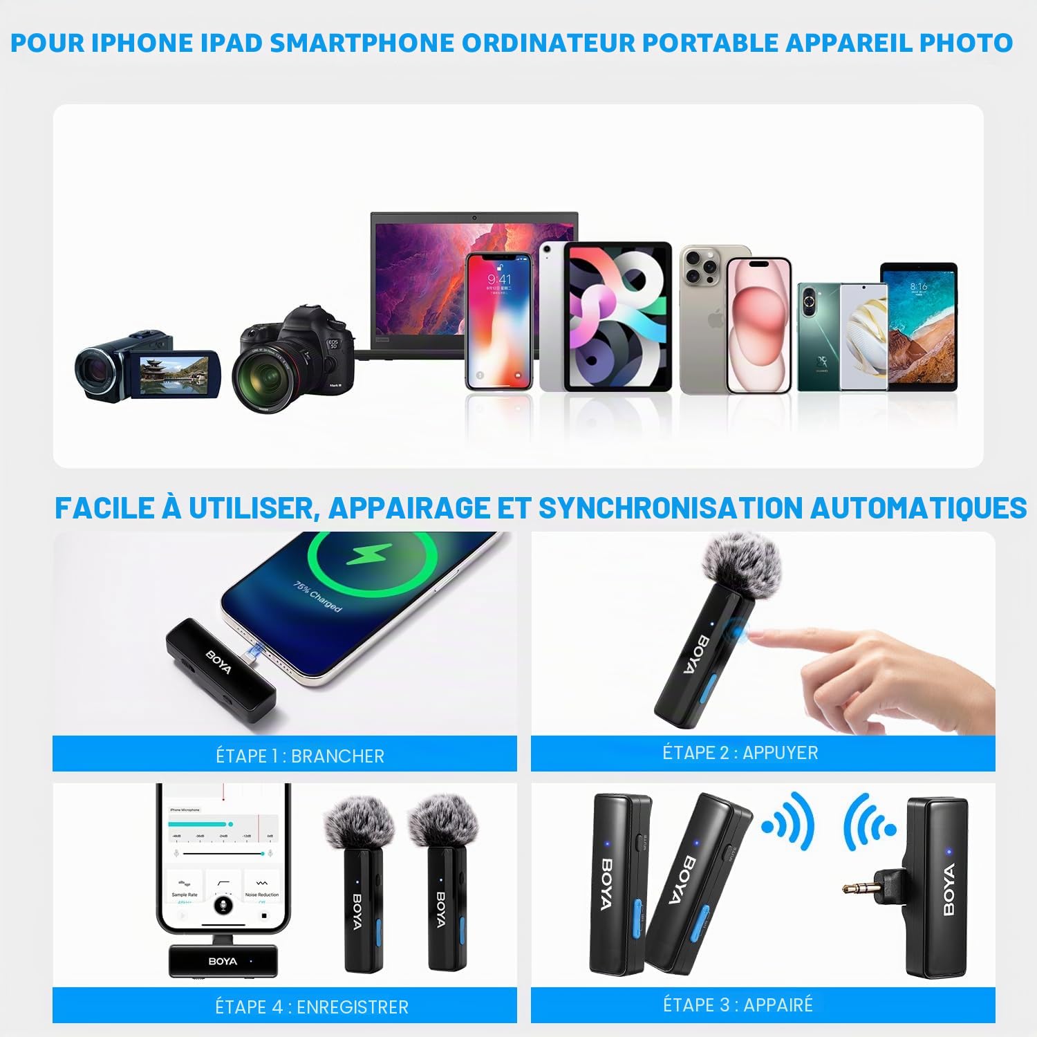 Boya BOYALINK A2 Microphone cravate sans fil pour iPhone/Android/appareil photo Vlogging, système tout-en-un double micro et entrées Lightning et USB-C pour smartphones/DSLR YouTube Facebook Live (A2)