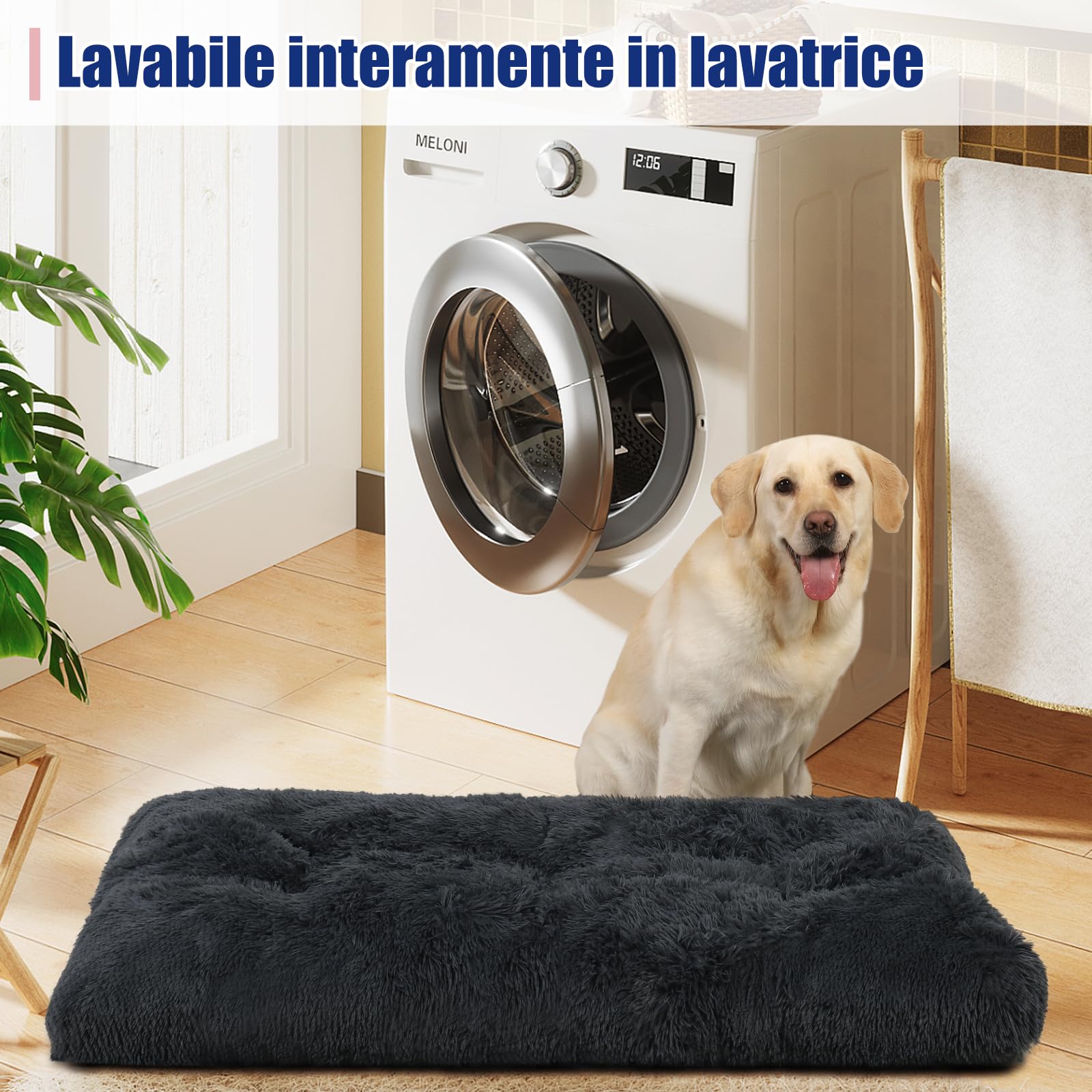 Cuscino per Cani Taglia Grande e Media 90x60cm Peluche Lavabile Base Antiscivolo Grigio Scuro