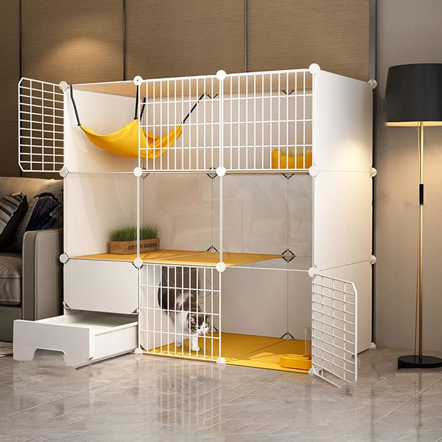 CHEMYO Jaula para Gatos de Interior - Casa de 3 Niveles con Caja de Arena, Perrera Grande