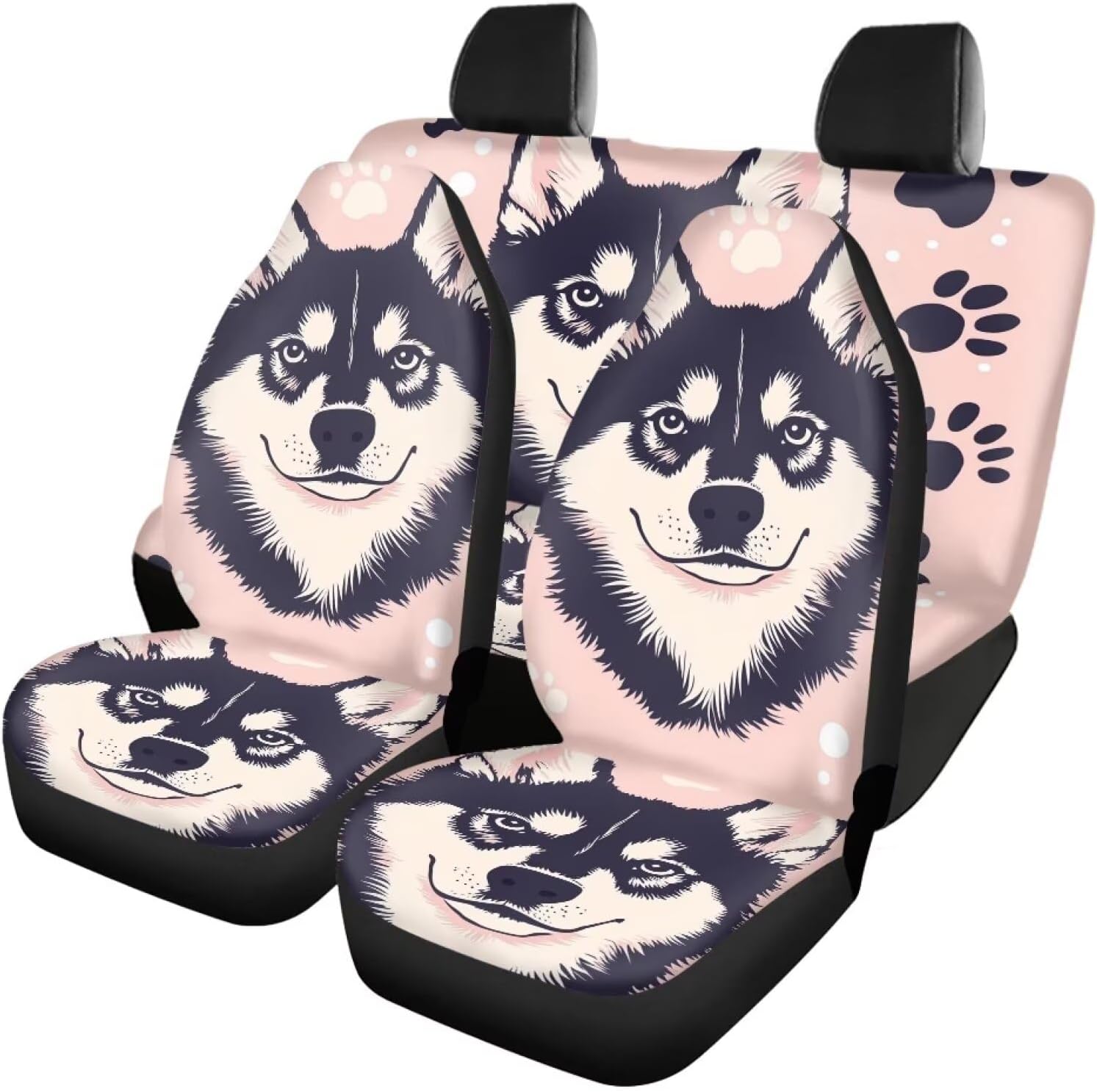 Amzbeauty Pink and Black Husky Print Universal Front Rear Car Seat Covers Accessories Set for Women Breathable Design