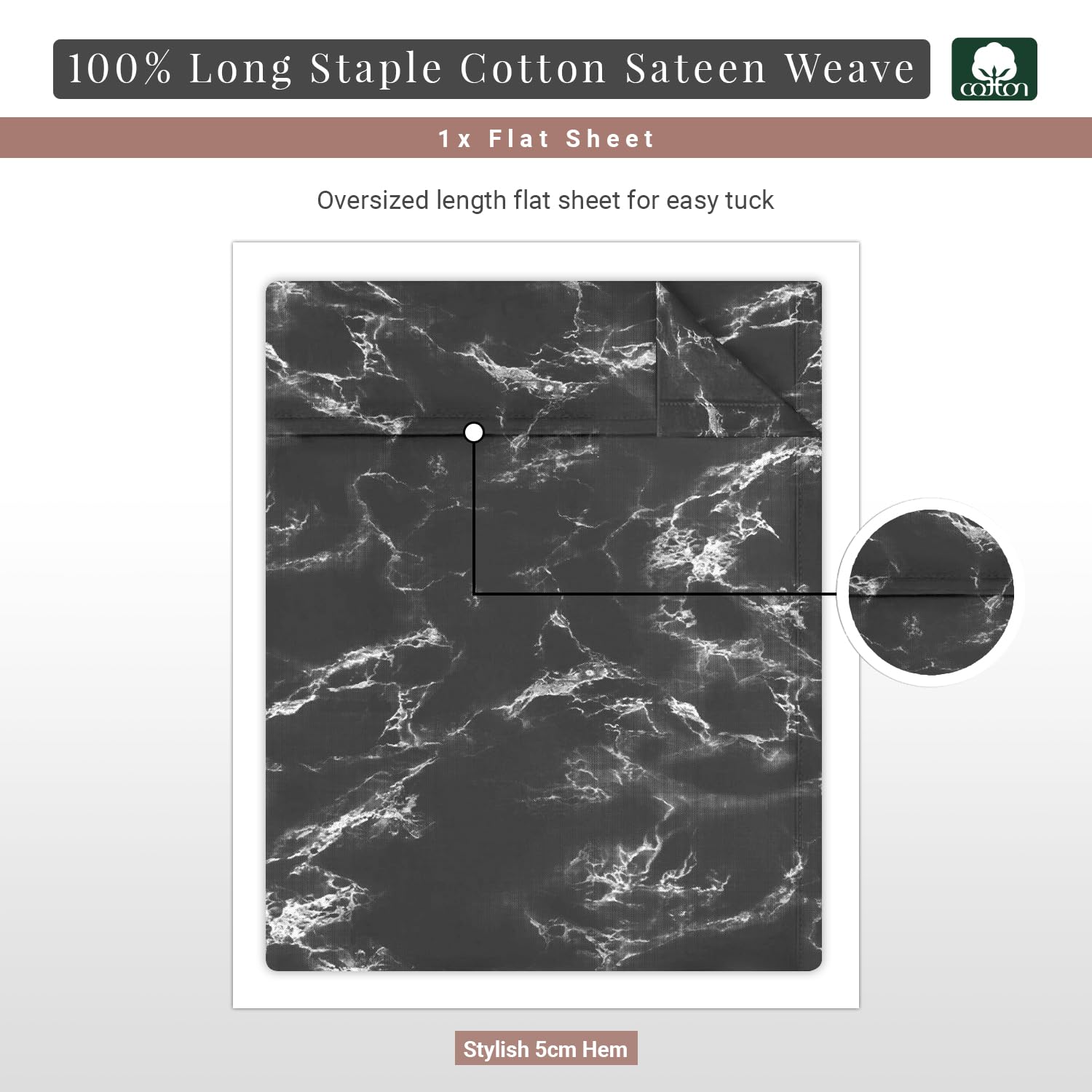 Pizuna Cotton Marble Black Print Flat Sheet Double 1 Pc, 400 Thread Count 100% Long Staple Cotton Flat Bed Sheets 230x280 - Image 3