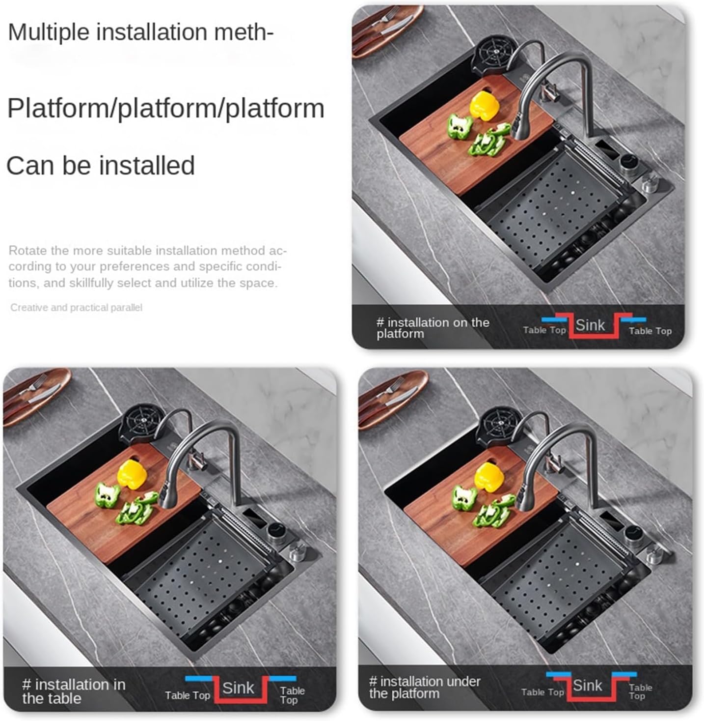 Waterfall Kitchen Sink Digital Display Vegetable Washing Basin Large Single Slot Stainless Steel Dishwashing Pool Set(7546-SX-2)