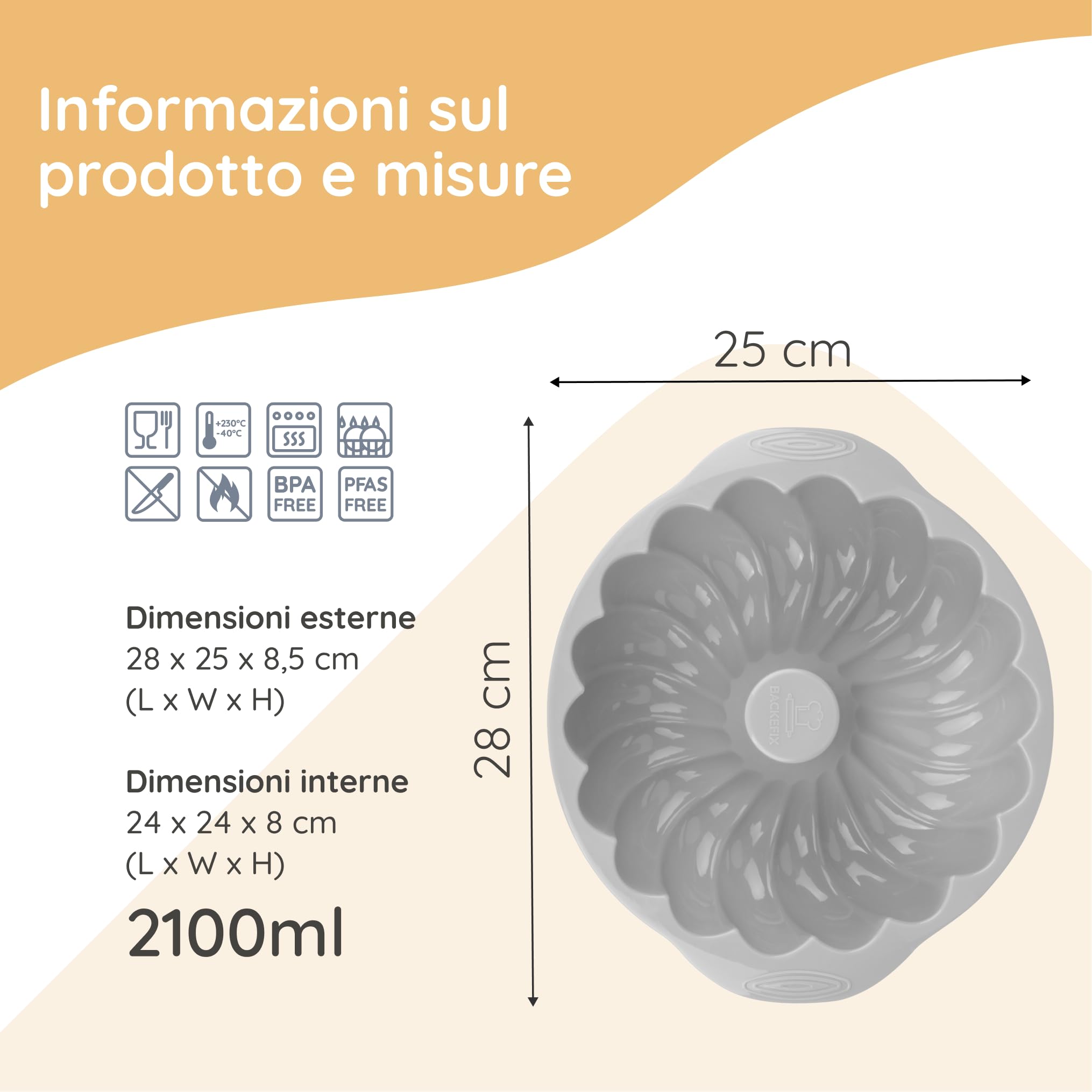 Backefix Stampo per ciambella, 24 cm, in silicone platinico, ideale come stampo per torta