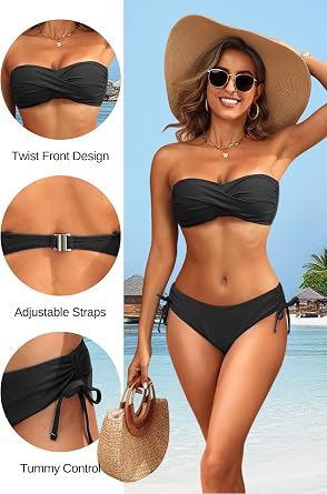 Tempt Me Women Strapless Bandeau Bikini Set Twist Front Two Piece Swimsuit