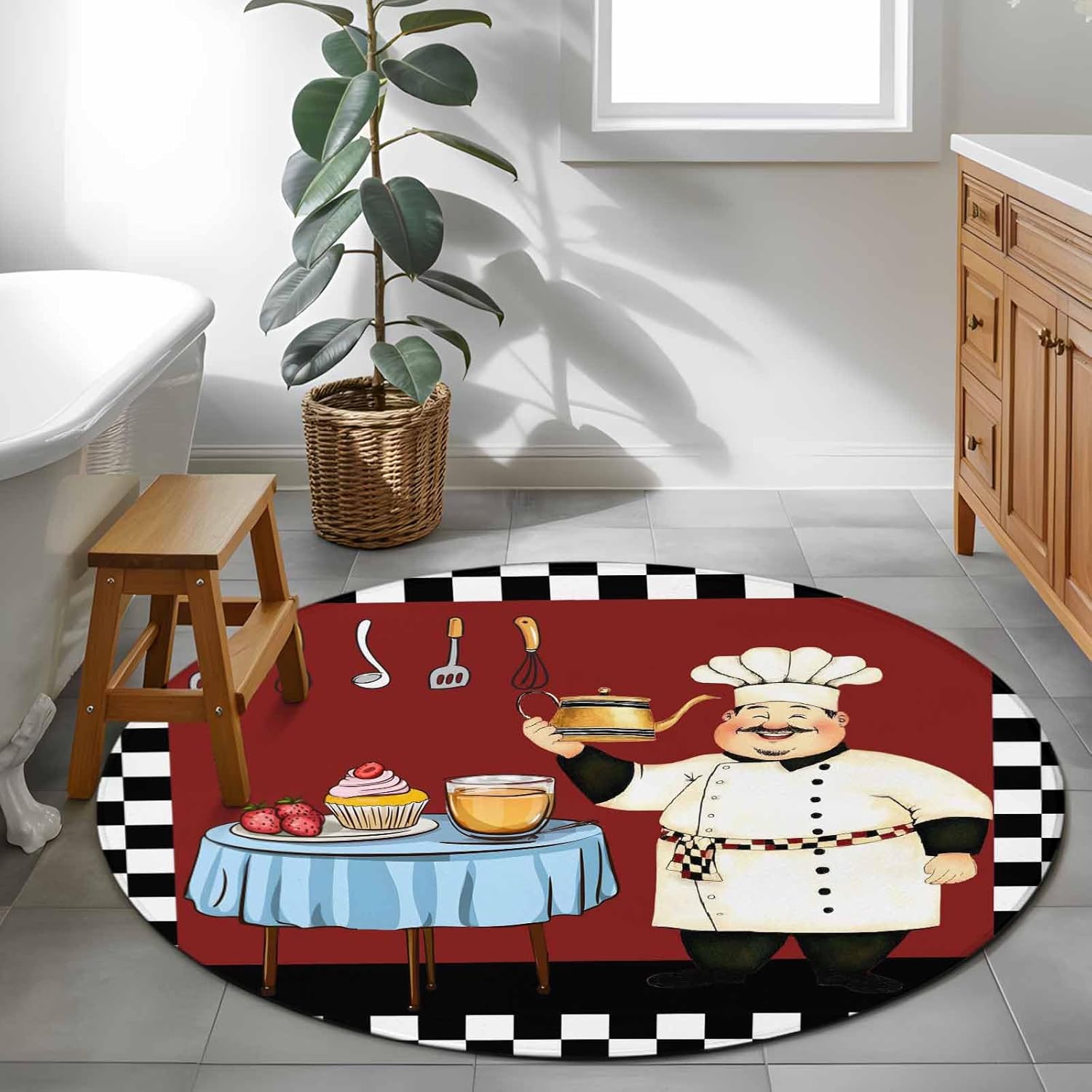 Kitchen Coke Coffee Chefs Round Area Rugs Collection 3', Rustic Black and White Buffalo Plaid Indoor Circular Throw Runner Rug Floor Mat Carpet for Living Room Dining Table Bedroom Nursery Decor