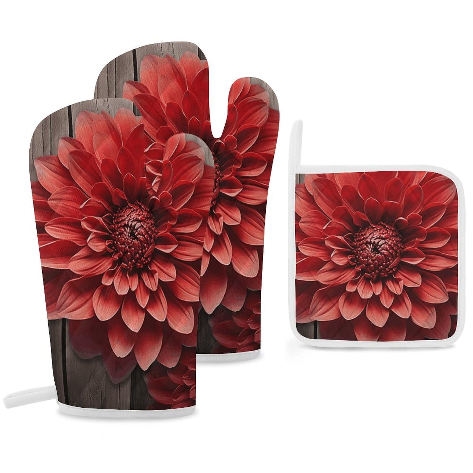Gants de cuisine et maniques dahlia rouge résistants à la chaleur pour four et cuisson