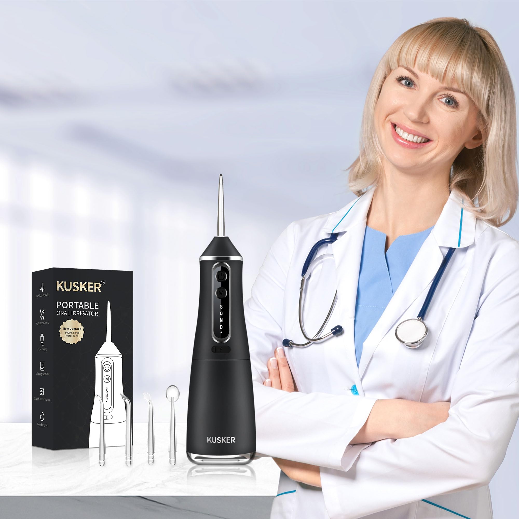 Irrigador dental de agua inalámbrico, 500 ml, irrigador oral portátil para dientes, 5 modos y 4 puntas de chorro, IPX7 impermeable, recargable para 30 días de uso, hogar, viajes, aparatos
