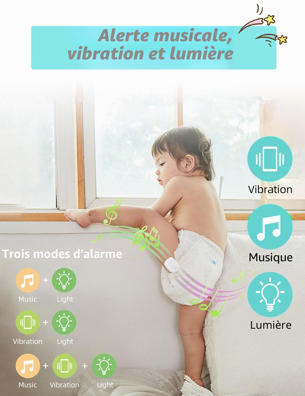 Alarme d'énurésie sans fil pour garçons et filles, rechargeable par USB-C, alarme anti-énurésie avec 3 modes pour l'entraînement à la propreté et la surmontée de la propreté la nuit