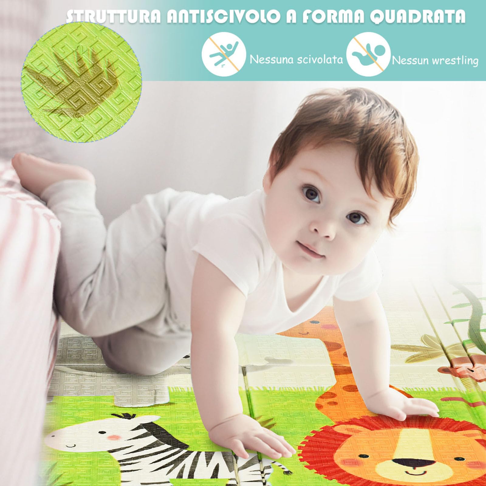 COSTWAY Tappeto da Gioco Per Bambini, Tappetino Pieghevole per Neonati, Tappetino in Schiuma Antiscivolo, 200 x 180 x 1,4 cm (Zoo)